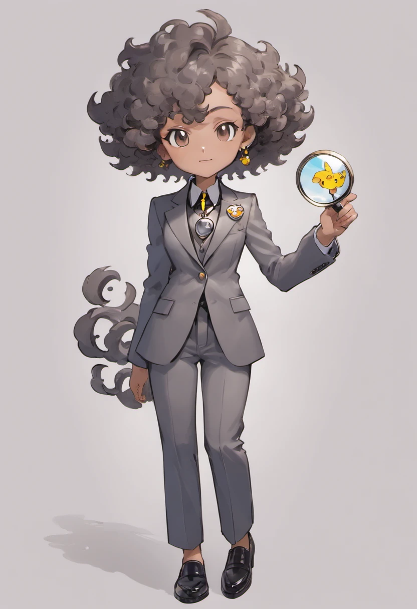 tailored, charcoal-gray pantsuit, vintage brooch, silver chain holds a magnifying glass pendant, black leather shoes, Brown skin,middle aged, silver necklace, curly hair
