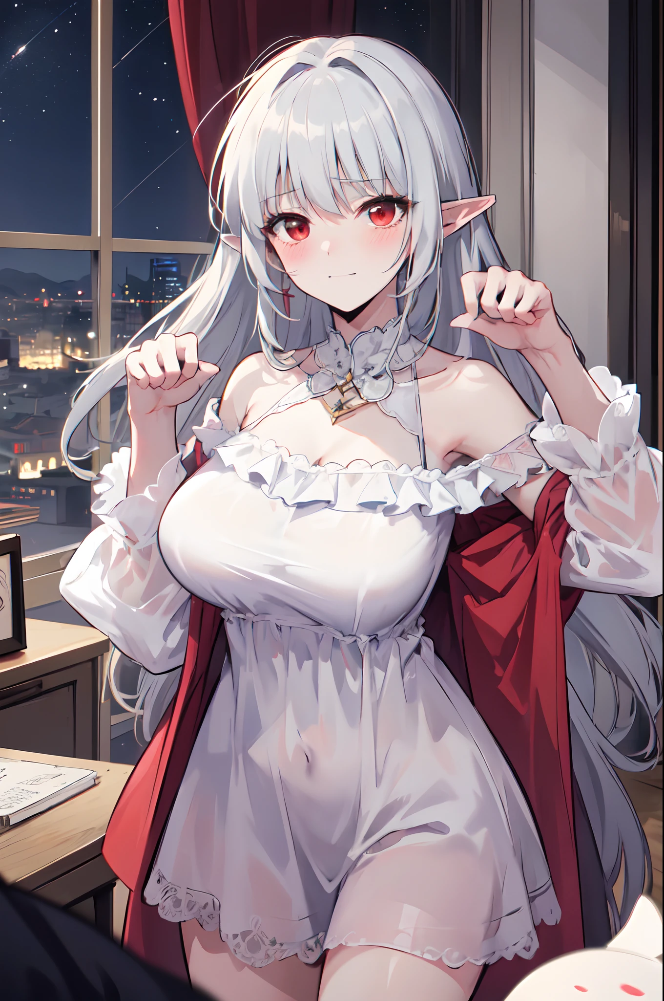 best quality, (masterpiece:1.2), highly detailed, indoors, bedroom, nighttime, 1girl, embarassed, slight smile, blush, large breasts, (off the shoulder white nightgown), alice, vampire, grey hair, red eyes, long hair, pointy ears, standing, paw pose, facing viewer