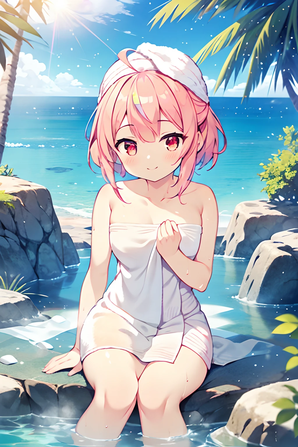 Highly detailed and realistic CG, Colorful, masutepiece, (Perfect Anatomy:1.3), Best Quality, 1girl in, Solo, Pink hair, Shiny hair, Short hair, sideburns, Red Eyes, shiny eyes, Smile, Bright with glowing iridescent colors, Lens Flare, Ocean view open-air bath, Bathing, Rock bath, (Naked towel:1.5), Chibi Ahoge, Soaking in hot water, Get your hair out, Don't wear hats, Physical education sitting,