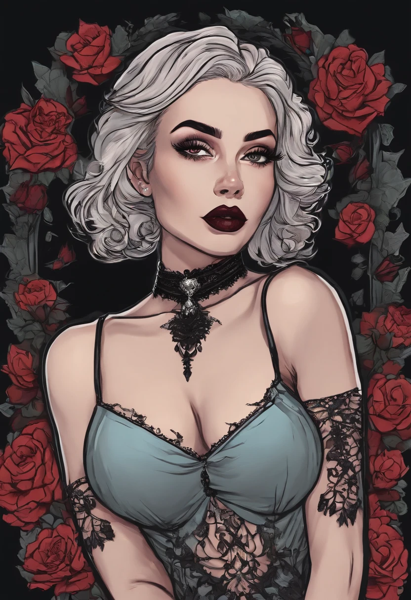 /imagine prompt: goth girl pinup illustration on front with black background sticker, Bold outline style, Jagged edges, Trash core, Light Shadow --V 5.2