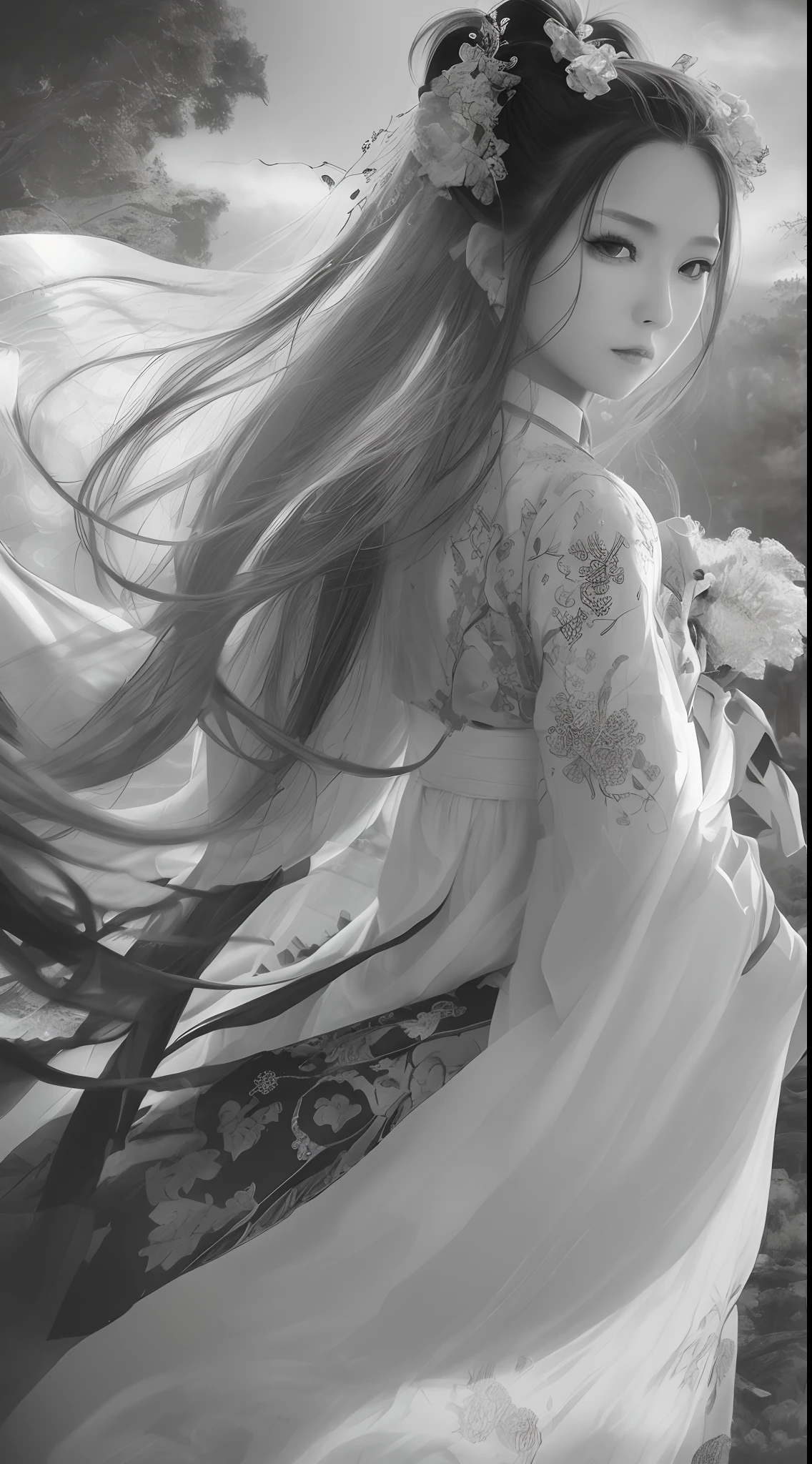 (best quality,4k,high resolution,masterpiece:1.2), ultra-detailed, photorealistic, black and white Hanfu with black embroidery, elegant white ponytail, flowing long hair, white mask, mask fluttering in the wind, tassel hair accessories, peony flowers, ancient-style, oversized sleeves, dynamic posing, dramatic composition, falling petals, red waistband, intricate background, ancient architecture, thin mist and thick clouds, swirling dark clouds, cinematic lighting, complex feathered background.