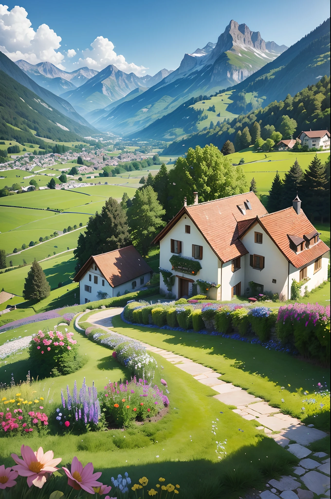 Peaceful and idyllic countryside, Rolling green hills dotted with grazing sheep, Charming villa，Set amidst vibrant flowers, Clear blue sky overhead, Evokes a sense of peace and simplicity, Valle encantador, switzerland, patches of green fields, lush countryside, Valle exuberante,An idyllic village in Milan,，verdant green fields，above a village，Rolling terraces，Colorful garden of flowers and plants，Alpine scenery in the Swiss countryside under the Alps，Carl Sessel Bern，Majestic nature, Swiss architecture, lindo cenario, rios，waterfallr