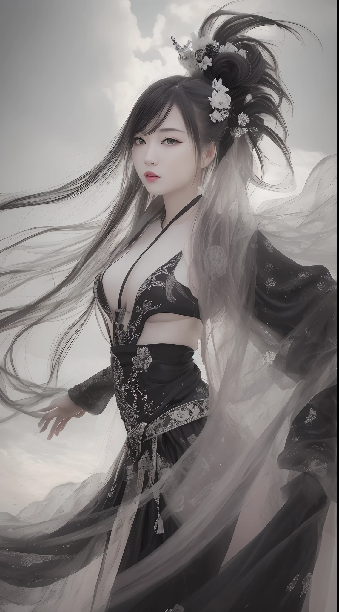 (best quality,4k,high resolution,masterpiece:1.2), ultra-detailed, photorealistic, black and white Hanfu with black embroidery, elegant white ponytail, flowing long hair, white mask, mask fluttering in the wind, tassel hair accessories, peony flowers, ancient-style, oversized sleeves, dynamic posing, dramatic composition, falling petals, red waistband, intricate background, ancient architecture, thin mist and thick clouds, swirling dark clouds, cinematic lighting, complex feathered background.