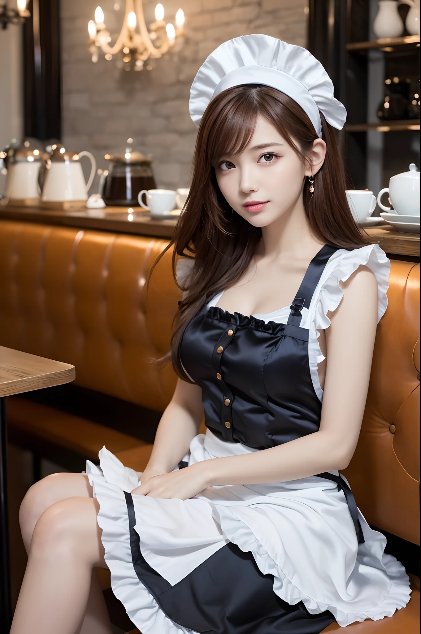 masterpiece, 1 beautiful girls, detaileds, top-quality, 超A high resolution, (Realistis: 1.4), OriginalPhotographs, 电影灯光, A smile, Asian Beauty, very extremely beautiful, Slightly younger face, Beautiful skins, slender, (A hyper-realistic), (hight resolution), (8K), (ighly detailed), (The best illustrations), (beautifully detailed eyes), (ultra-detailliert), (wall-paper), (详细的脸), looking at the viewers, fine detailed, A detailed face、pureerosfaceace_v1、46-point diagonal bangs、beautidful eyes、Beautiful charming anime girl with open mouth、(reddish brown hair:1.5),(Stylish and colorful café:1.7)、(Satin material、Glossy frills、Maid clothes apron:1.5)、(Okappa:1.5)、(Sideways sitting:1.5),