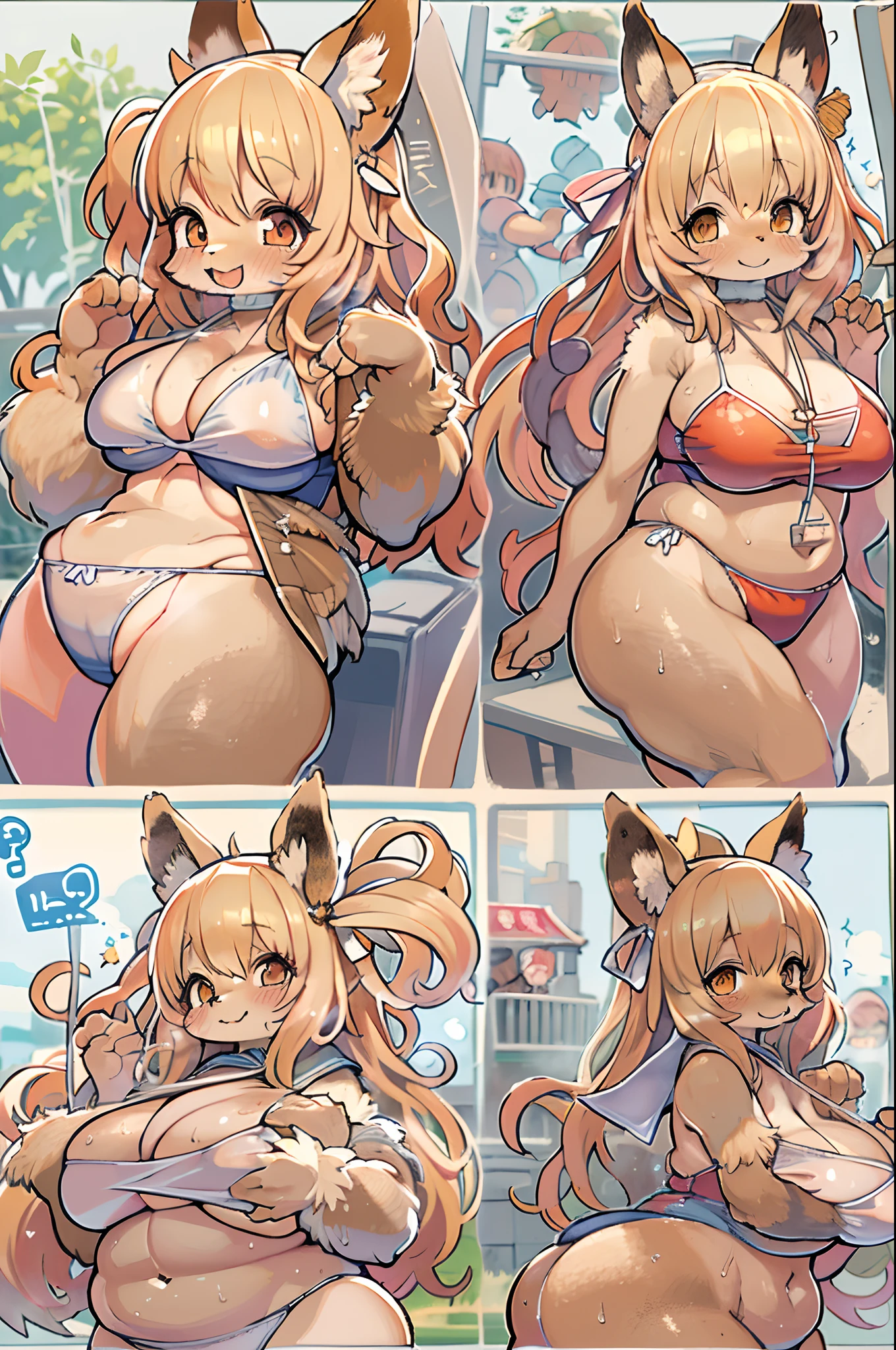 Fox Woman、body covered with fur、huge-breasted、kawaii、(((School swim wear)))、summer day、((High Position))、A big smile、bbw、thick thight、big butts、Ultramammy,Chibi,Nanachi