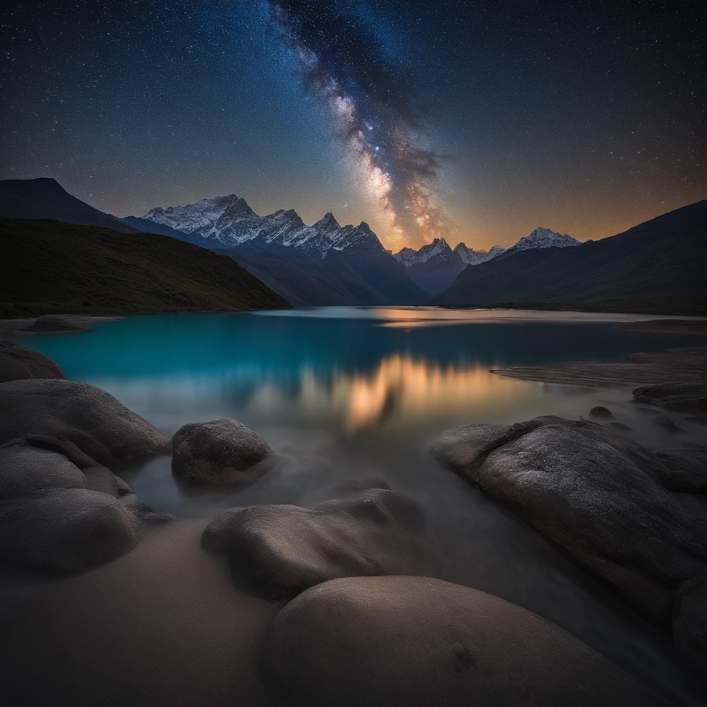 Master Parts、Superior Quality、superior image quality、The 8k quality、Beautiful pictures of the starry sky、magnifica、Arched Milky Way:1.9、Himalayas、Blue glowing lake:1.9