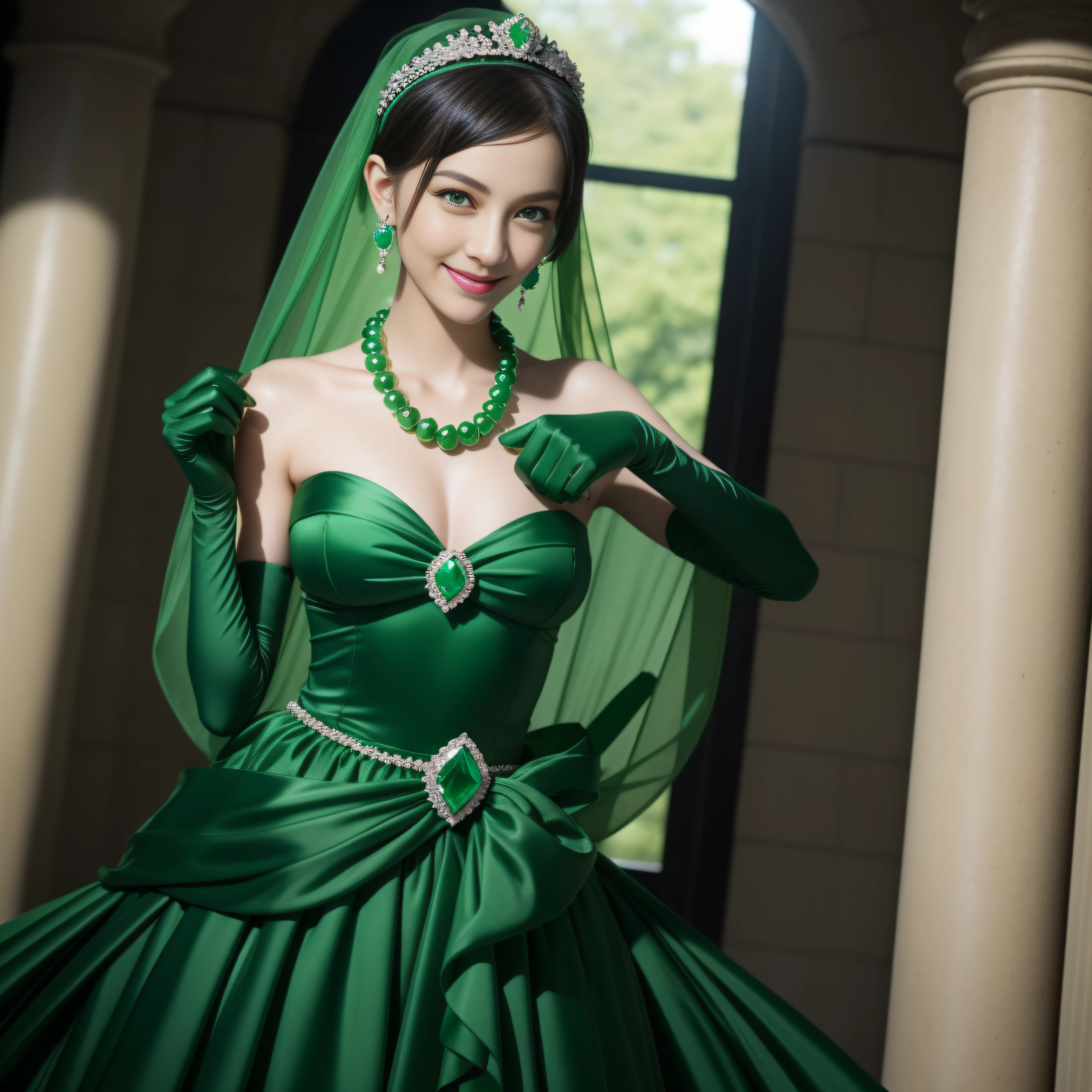emerald tiara, Green Pearl Necklace, Boyish very short black hair, lipsticks, Japan woman smiling, very short short hair, big breasts beautiful, Green eyes, Long green gloves made of satin material, Green eyes, Emerald Earrings