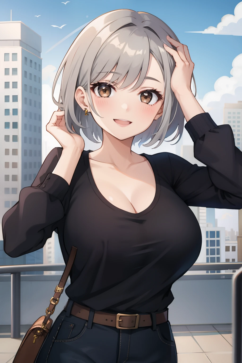 One girl, short hair, grey hair, brown eyes, happy smile, big breasts, hand on head, city