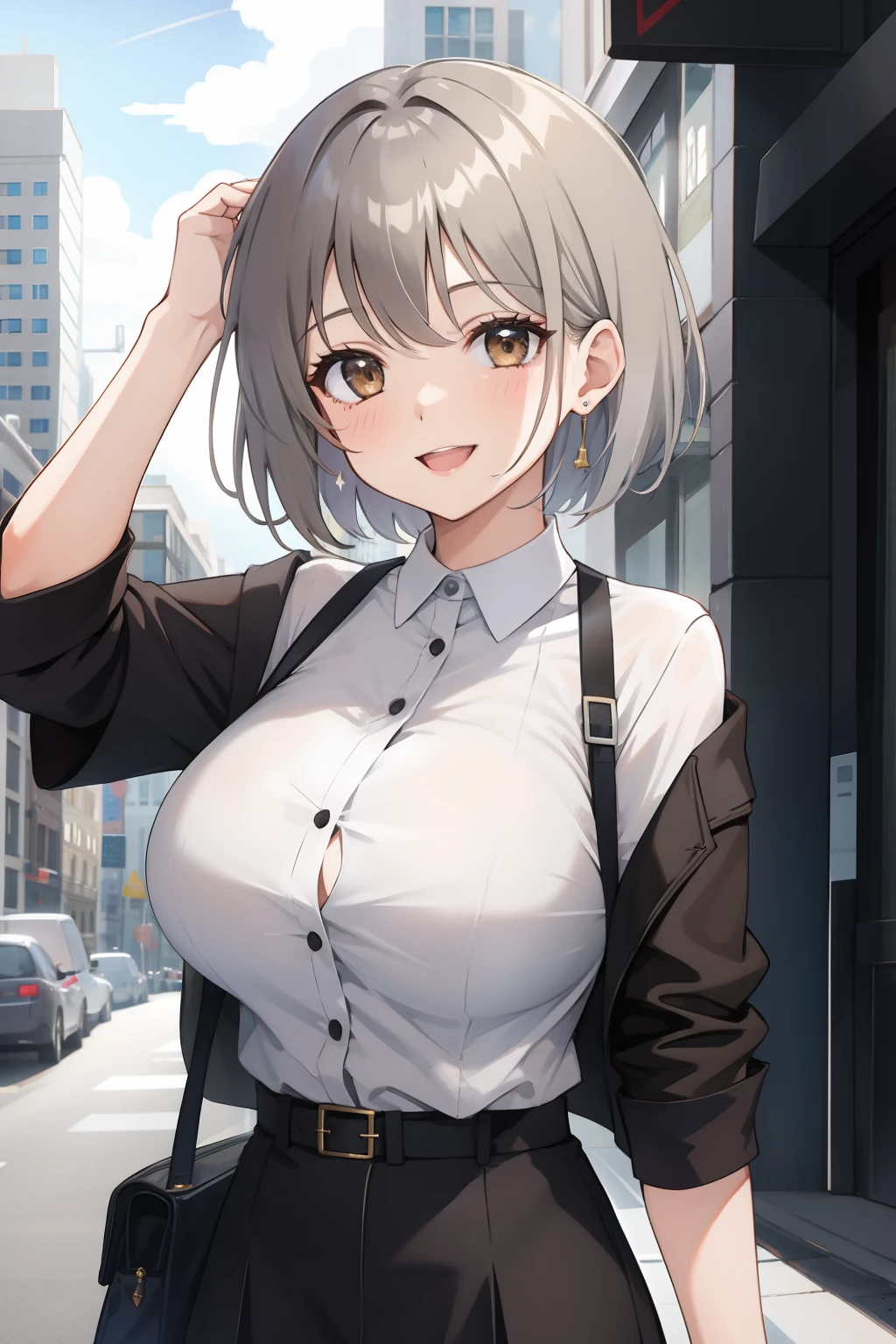 One girl, short hair, grey hair, brown eyes, happy smile, big breasts, hand on head, city