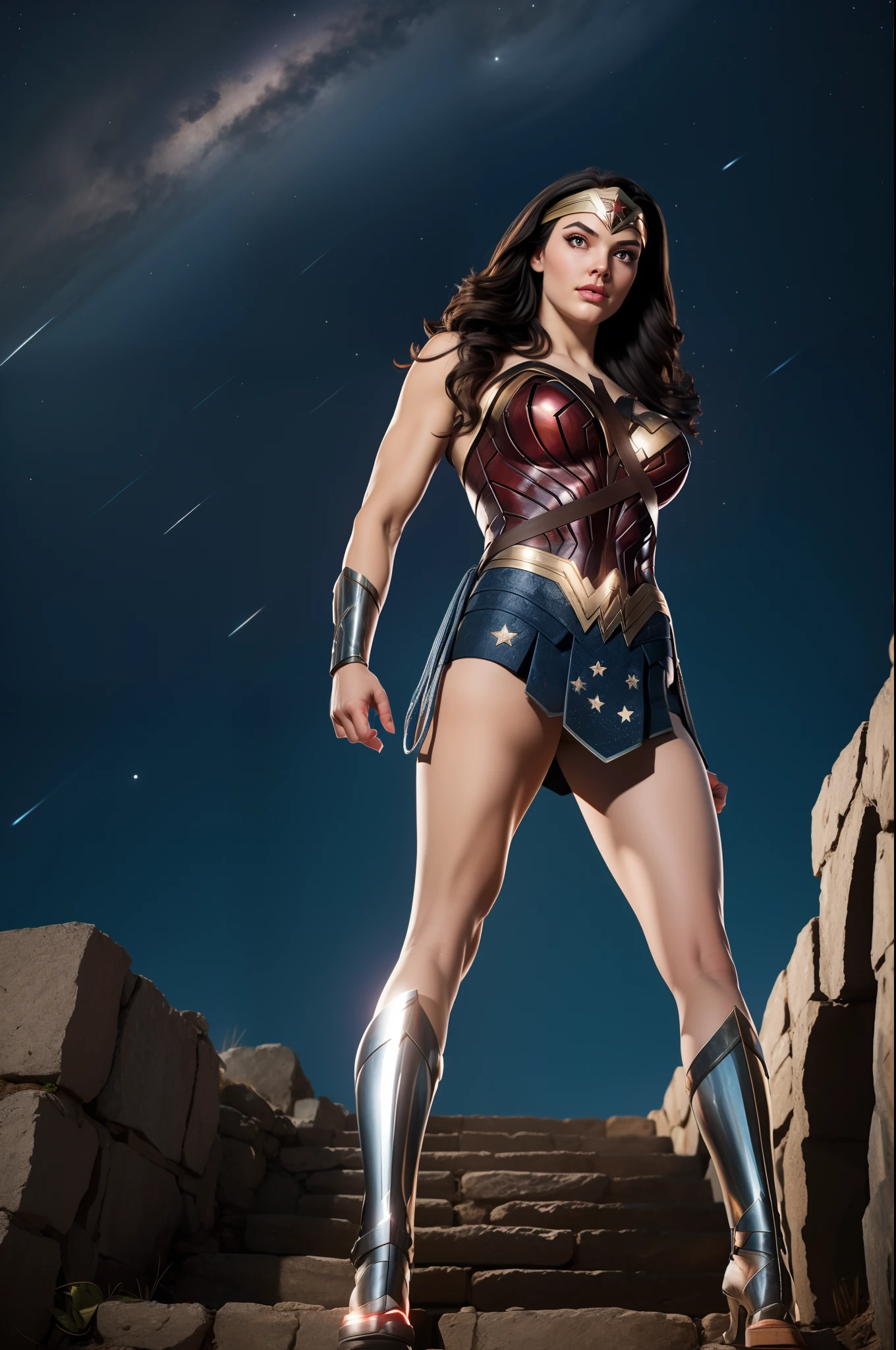 Wonder woman, Portrait photo by Altgarm, realism style, Glowing skin, Cartoon hero, Defined lips, Strong physical strength, Feminine body, Full body, viewer, Depth of field f/1.8, natta, ultra wide lens, ((Shooting from below)), (large udder:1.2), Ancient Greece, Stars in the night sky, sacred place, Rear view climbing the stone steps,