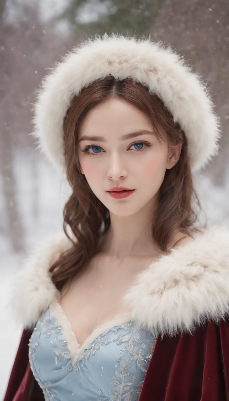 (Best quality, 8K, 32K,The details are super clear),Photorealistic, high resolution, 1 Japan Women, Solo, (Lolita costume),Gorgeous costumes,Face the audience,(The upper part of the body,upper legs), beautidful eyes, Brown hair, ringed eyes, (outside,Heavy snowfall,Thick fur cape,Cover with snow),snowfield,Blue eyes,Illustrations of the highest quality,A meticulous face