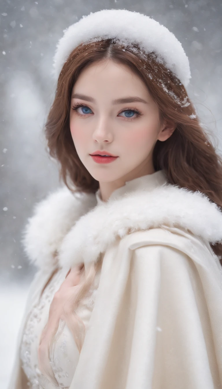 (Best quality, 8K, 32K，The details are super clear),Photorealistic, high resolution, 1 Japan Women, Solo, (Lolita costume)，Gorgeous costumes，Face the audience，(The upper part of the body，upper legs)， beautidful eyes, Brown hair, ringed eyes, (outside，Heavy snowfall，Thick fur cape，Cover with snow)，snowfield，Blue eyes，Illustrations of the highest quality，A meticulous face