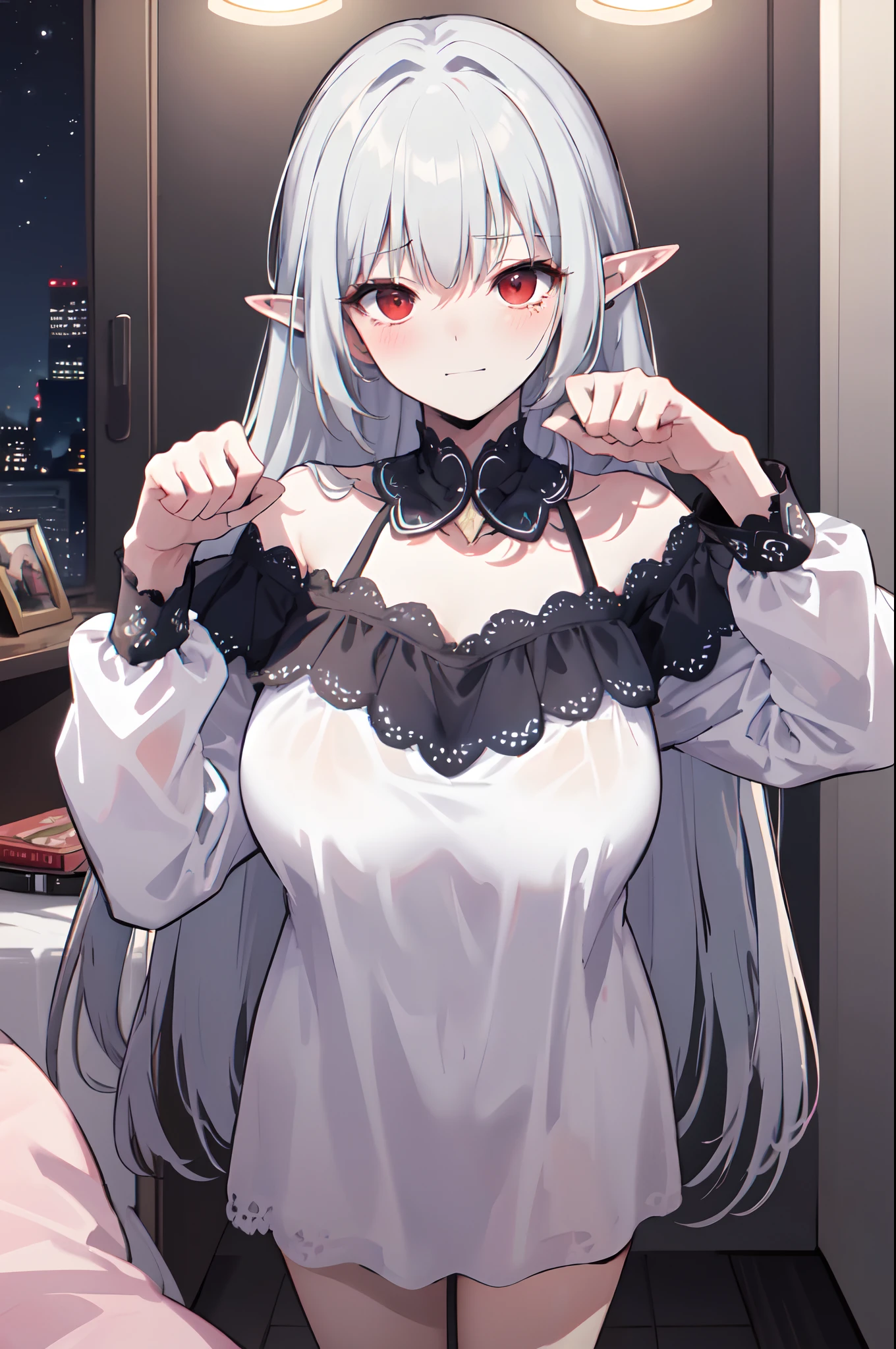 best quality, (masterpiece:1.2), highly detailed, indoors, bedroom, nighttime, 1girl, embarassed, slight smile, blush, large breasts, (off the shoulder white nightgown), alice, vampire, grey hair, red eyes, long hair, pointy ears, standing, paw pose, facing viewer