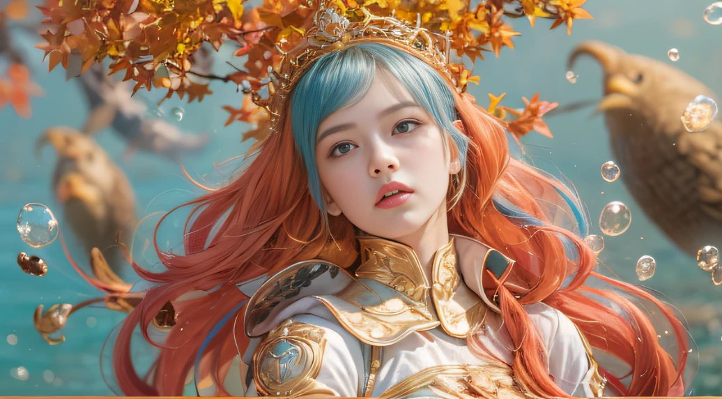 cyan colors，blue colors，Autumn Enamel World，Blood Girl 32K（tmasterpiece，k hd，Aoyama Pond，hyper HD，32K）Long flowing bright orange hair，Autumn pool，zydink， a color，Grumpy （Post-halo）， （Linen scarf）， Combat posture， Looking at the autumn ground， long whitr hair， Floating bright orange， Fire cloud pattern gold tiara， Chinese long-sleeved gold silk burgundy autumn clothing， （Abstract metaverse splash：1.2）， white backgrounid，Peony flower vitality protector（realisticlying：1.4），Bright purple hair，Smoke on the road in autumn，The background is pure， A high resolution， the detail， RAW photogr， Sharp Re， Nikon D850 Film Stock Photo by Jefferies Lee 4 Kodak Portra 400 Camera F1.6 shots, Rich colors, ultra-realistic vivid textures, Dramatic lighting, Unreal Engine Art Station Trend, cinestir 800，A girl with long flowing bright orange hair，Huge colorful bubbles