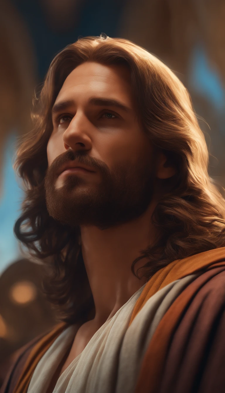 a Jesus Christ, handsome man, gorgeous face, show by 4k, energetic brushstrokes, intricate work of art sinister, movie Poster, golden Ratio, in cgsociety trends, difficult, epic, from artgerm, Ilya Kuvshinov, Greg Rutkowski, Alphonse Mucha, very detailed bright, staged character rendering, super high quality model, handsome face, bokeh background