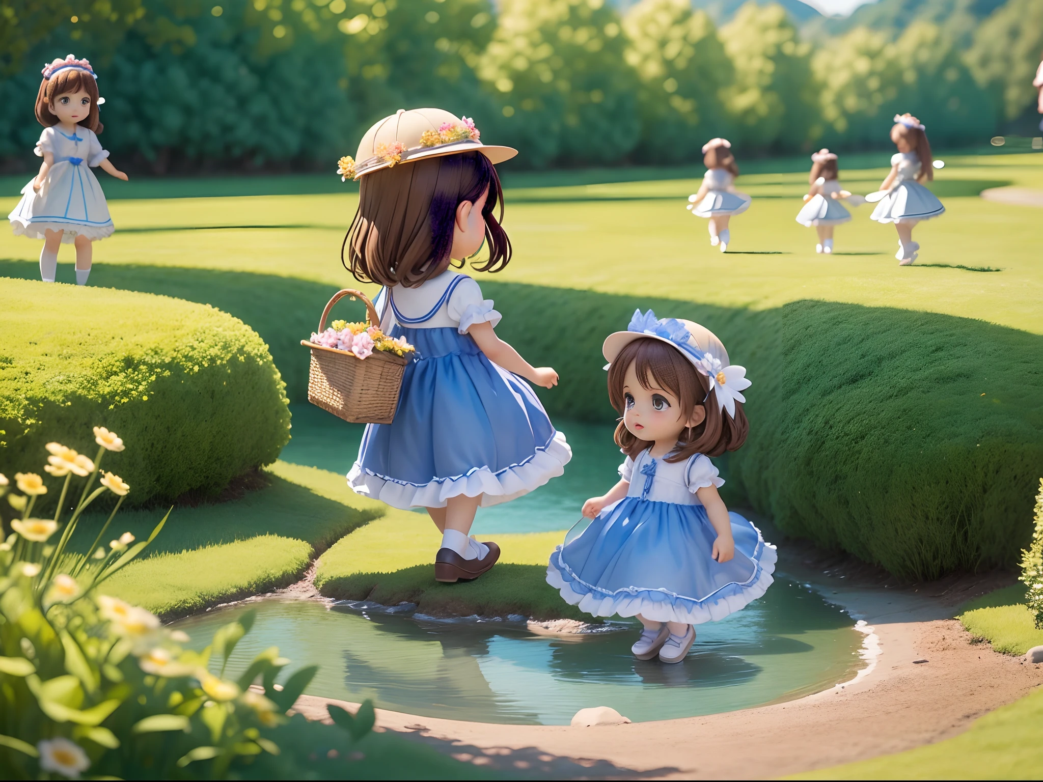 Several cute little angels with small wings，Brown hair long，blue skirts，Brown shoes，Wearing a nice little dress，Run and play by the river，The flower basket on the ground has several crystal silver crystal clear gemstones，3D animated characters，1080p，ultra-clear，The details are clearly described