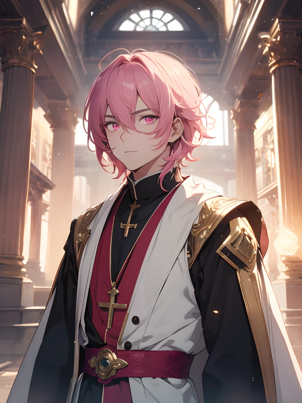 1man, solo, male focus, tmasterpiece, fantasy world, mysterious, confident, handsome, pink hair, pink eyes, highest quality digital art, Stunning art, stunning art, wallpaper 4K, 8K, 16K, 32K, absurdres, highly detailed, anime masterpiece, serene expression, anime, best anime character design, looking at viewer, (((A handsome young))), ((age:1.5)), (glow pink eyes), ((Eyes have light)),upper body only, fractal art, ,priest, bishop, archbishop, inside a temple, ray tracing,