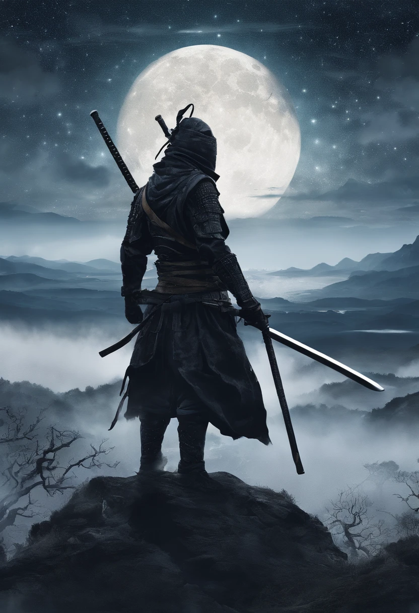 The samurai holds a katana, Starry skies and mist shroud the landscape, looking at viewer, face focus