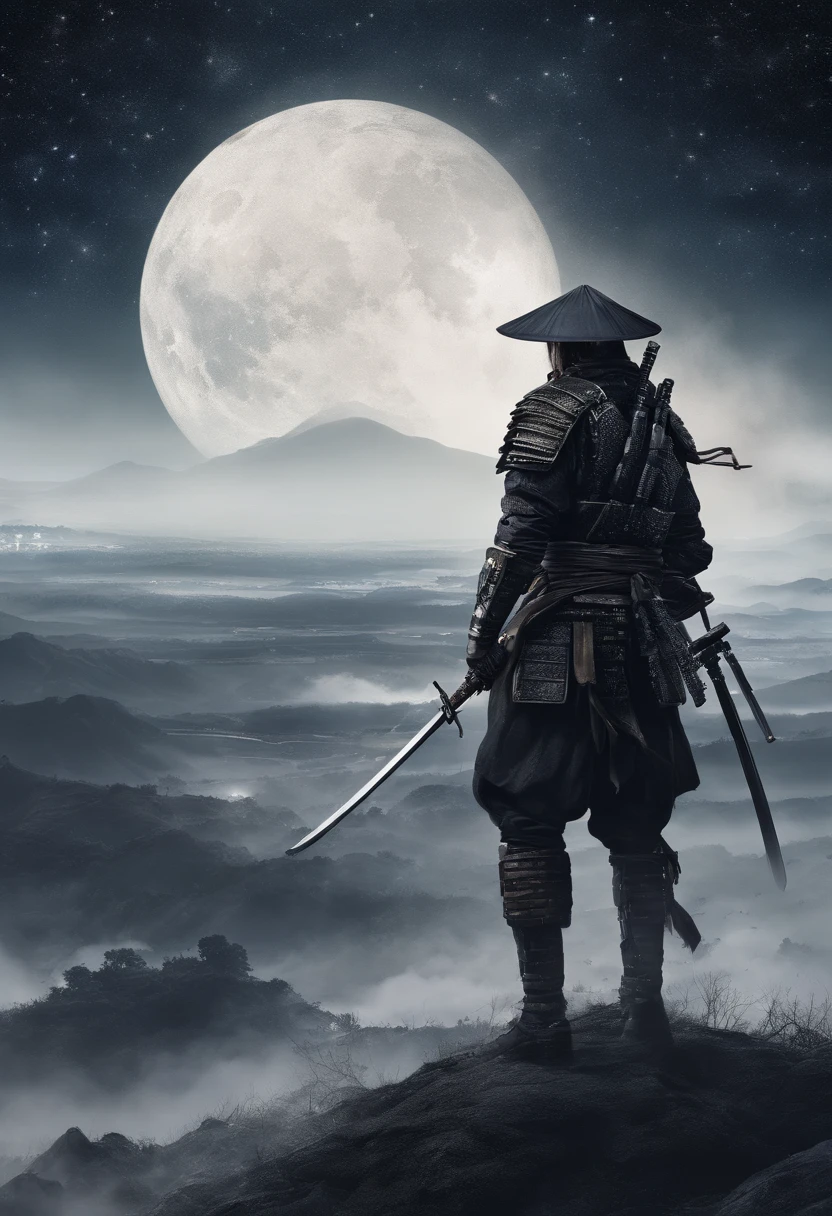 The samurai holds a katana, Starry skies and mist shroud the landscape, looking at viewer, face focus
