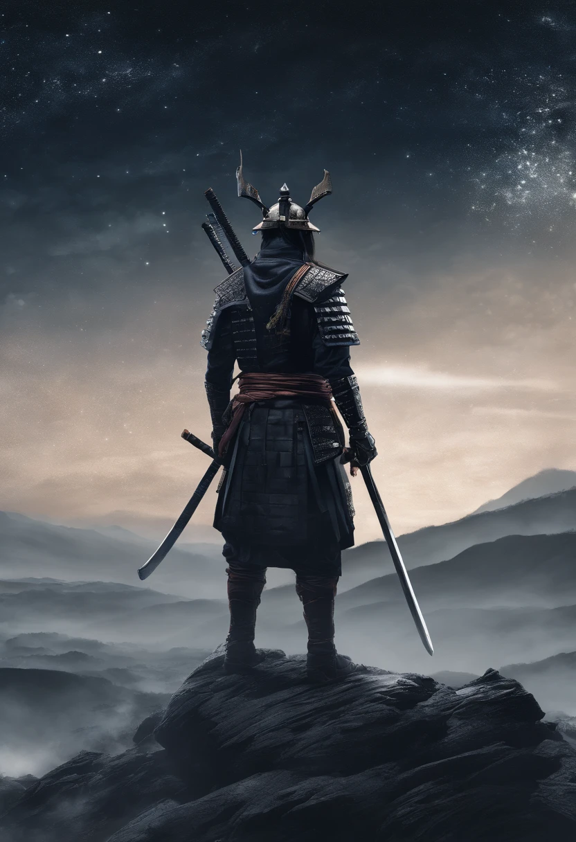 The samurai holds a katana, Starry skies and mist shroud the landscape, looking at viewer, face focus