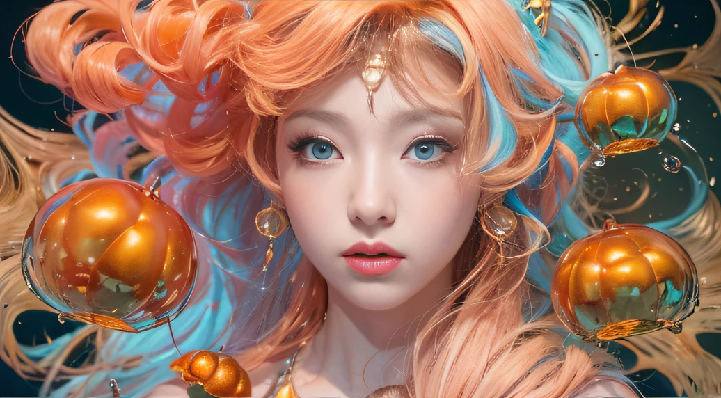 cyan colors，blue colors，Autumn Enamel World，Blood Girl 32K（tmasterpiece，k hd，Aoyama Pond，hyper HD，32K）Long flowing bright orange hair，Autumn pool，zydink， a color，Grumpy （Post-halo）， （Linen scarf）， Combat posture， Looking at the autumn ground， long whitr hair， Floating bright orange， Fire cloud pattern gold tiara， Chinese long-sleeved gold silk burgundy autumn clothing， （Abstract metaverse splash：1.2）， white backgrounid，Peony flower vitality protector（realisticlying：1.4），Bright purple hair，Smoke on the road in autumn，The background is pure， A high resolution， the detail， RAW photogr， Sharp Re， Nikon D850 Film Stock Photo by Jefferies Lee 4 Kodak Portra 400 Camera F1.6 shots, Rich colors, ultra-realistic vivid textures, Dramatic lighting, Unreal Engine Art Station Trend, cinestir 800，A girl with long flowing bright orange hair，Huge colorful bubbles