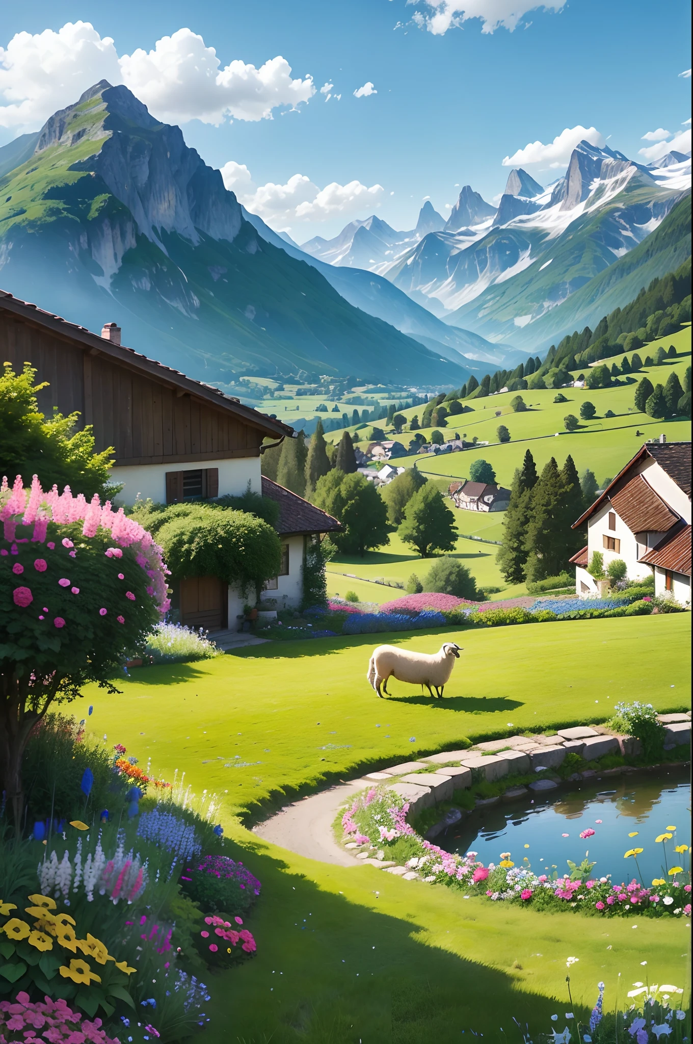 Peaceful and idyllic countryside, Rolling green hills dotted with grazing sheep, Charming villa，Set amidst vibrant flowers, Clear blue sky overhead, Evokes a sense of peace and simplicity, Valle encantador, switzerland, patches of green fields, lush countryside, Valle exuberante,An idyllic village in Milan,，verdant green fields，above a village，Rolling terraces，Colorful garden of flowers and plants，Alpine scenery in the Swiss countryside under the Alps，Carl Sessel Bern，Majestic nature, Swiss architecture, lindo cenario, rios，waterfallr