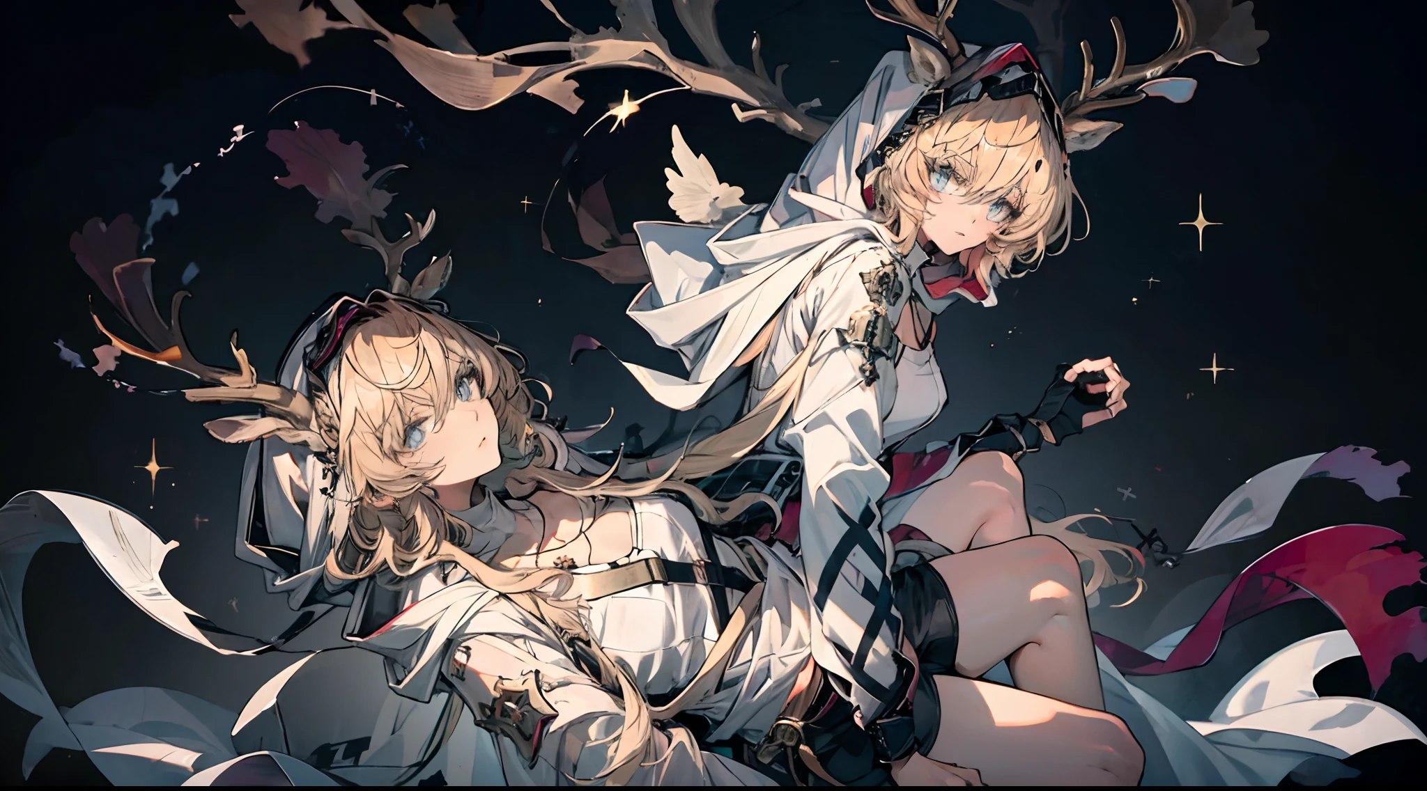 （（（（tmasterpiece）），（（（（best qualtiy））），（CharacterDesignSheet，Same role，frontage，Lateral face，on  back），Full body illustration，1 girl with a sword，deer ear，Deer tail，Hair color，By bangs，hairstyle fax，The eye，environment change scene， hairstyle fax，Golden hair，blue color eyes，Long sleeves cover hands，Black  shorts，bandagens，Cross necklace，tiese，Shawl，Black turtleneck top， Catholic， seraphim， chies， angelicales， crosses， Hair bangs， （simplebackground， white backgrounid： 1.3）， --6