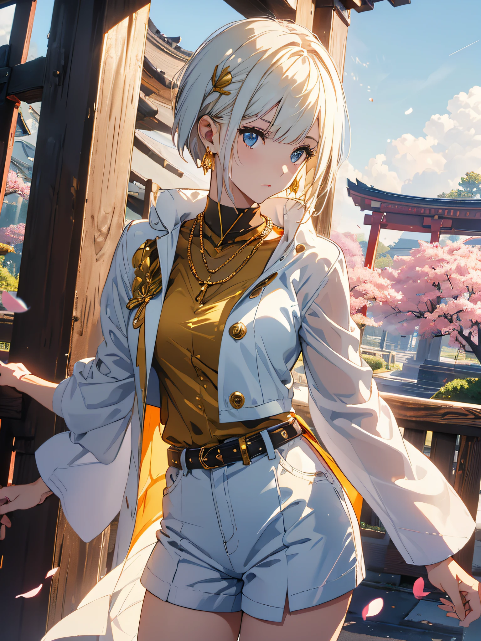 Girl with short white hair, yellow feline eyes, white jacket with small golden details, short white shirt, short white shorts, serious face, golden earrings, golden details in her clothes, extremely elegant, BREAK, torii sanctuary gate, hyper sky bluish, perfect clouds, wind movement, sakura petals, (ultra-realistic), {extremely detailed 8k CG unit wallpaper}, expansive landscape photography, (a panoramic view that prioritizes the character and elegance of the setting, wide open field view), (high angle photo), (high light: 1.4), (low light: 1.5), (warm light source: 1.5), complex details, (iridescent colors: 1, 7), (bright lighting), (atmospheric lighting), dreamy, elegant, magical, majestic, (solo: 1.2)