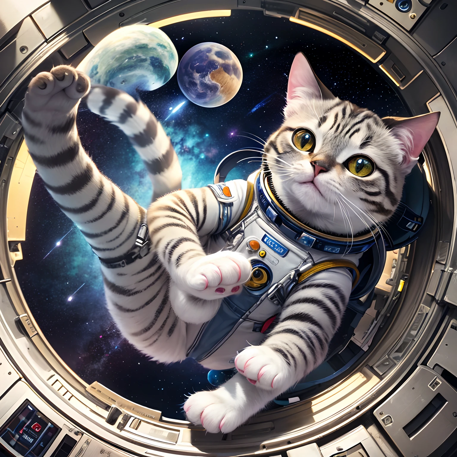 (best quality,highres,ultra-detailed,masterpiece:1.2),cosmonaut cat in a spacesuit, space, vibrant colors, atmospheric lighting, detailed stars, futuristic style