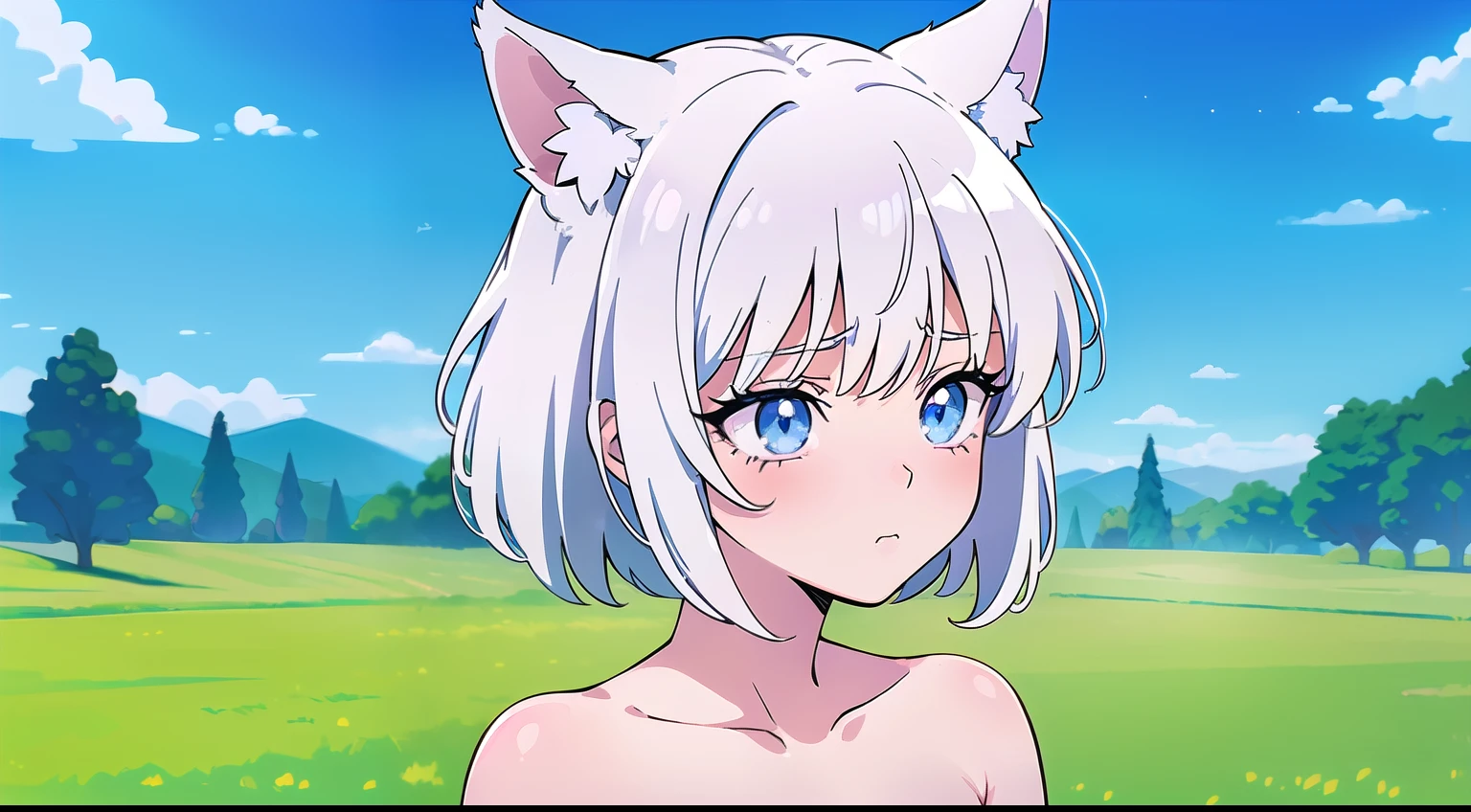 High quality, 1girl, ((((Candy Candy anime coloring)))), (wolf girl, wolf ears, wolf tail), animal ears, ((((short hair)))), ((silver white hair)), hair clip, ((hair tap eye)), ((blue eyes)), long eyeslashes, eyeliner, (((small breasts, nude, small snipples, pussy))), solo, ((standing)), ((worried, sad expression, melancholic, look blue eyes)), portrait, close-up, (field background, sky, clouds), face, closed_mouth, blush, anime_coloring, eyelashes, shiny, detailed shadows, detailded eyes, (((Manga style, Manga coloring))).