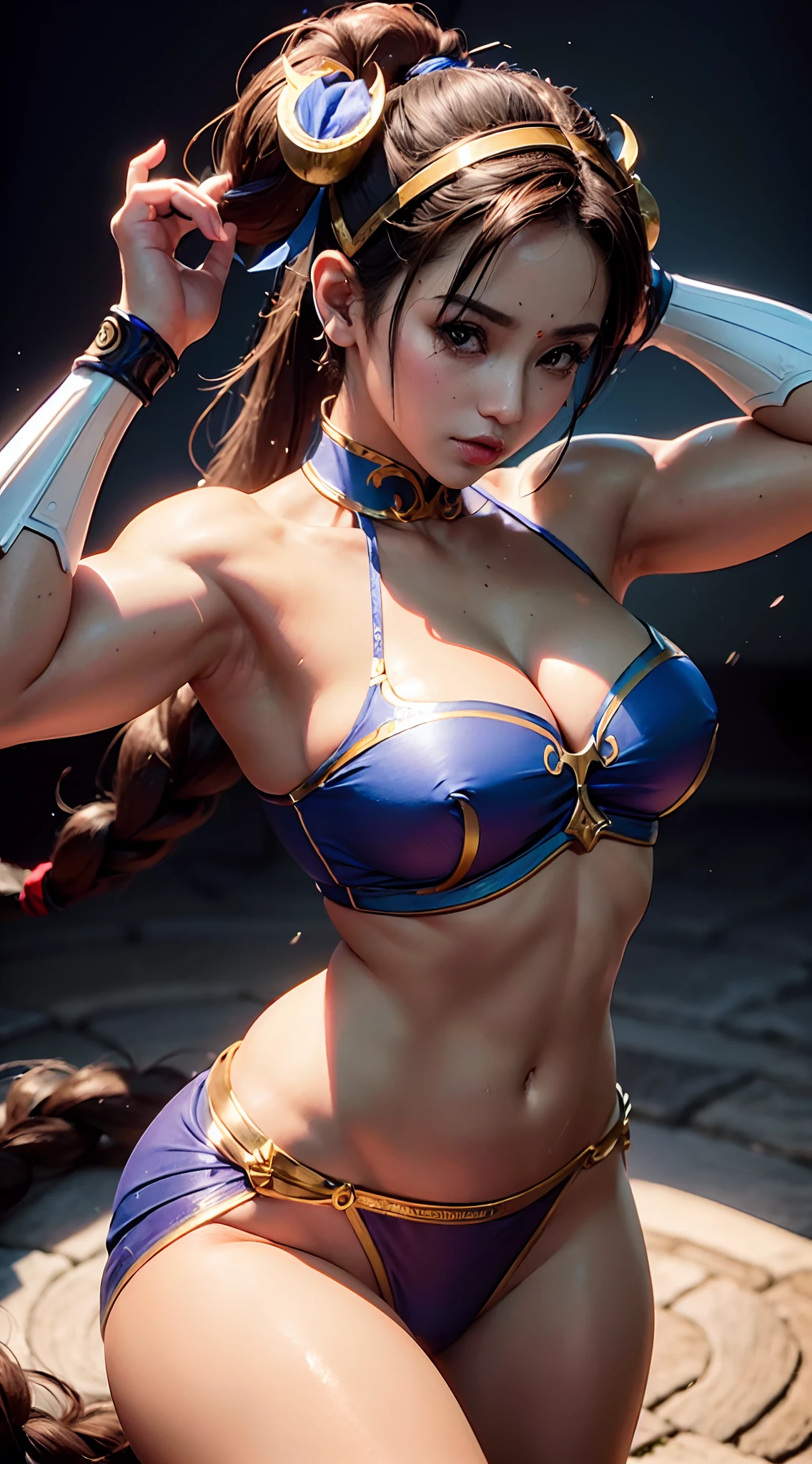 ((mulher baseada na personagem chun li)), seios grandes, medium hips, ((ultra realista)), TM Ninja branco, Icons, cores vibrantes, estilo vetorial, arte digital, 4k, detalhes intrincados, hipnotizante, feito profissionalmente, beautiful vector illustration, 12k resolution, ..3d, todos os caracteres detalhados em comprimento total, ((altamente detalhado)), ((vibrante)),((Ultra alta qualidade)), ((hiperrealismo)), ((fotorrealismo)), [octan rendering] , na cidade, muitos carros (realista)