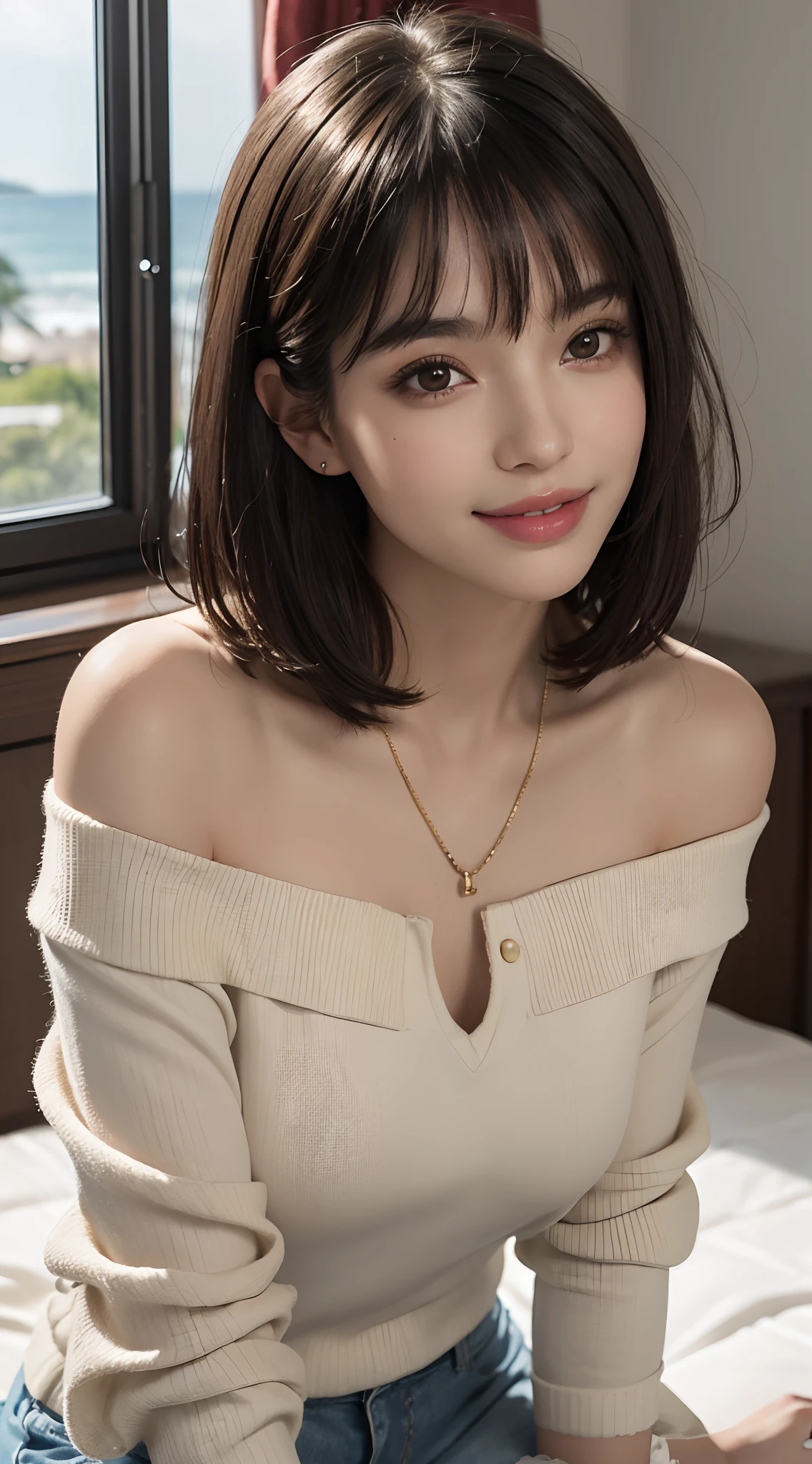 (top quality, 8k, masterpiece: 1.3), pretty woman with perfect figure: 1.4, dark brown hair, big, wearing pendant, torn shorts, highly detailed face and skin, detailed eyes, double eyelids, top quality, masterpiece, (photorealistic: 1.4), one woman, golden ratio, high angle shot, upper look, low angle shot, perfect face, beautiful figure, cute face, Close-up face, zoom in on face, short bob, short hair, smile from different angles, smile, gloss, highlight, glossy on skin, glossy skin, wet skin, wet, bangs, cute smile, bust, off-shoulder, refreshing charm, elegant, perfect hands, smile from angle, smile, shiny, highlight, glossy skin, bangs, bust, big, collarbone, Warm off-shoulder, refreshing charm, ears out, gaze to camera, poses at different angles, bright, well-lit place, windowsill