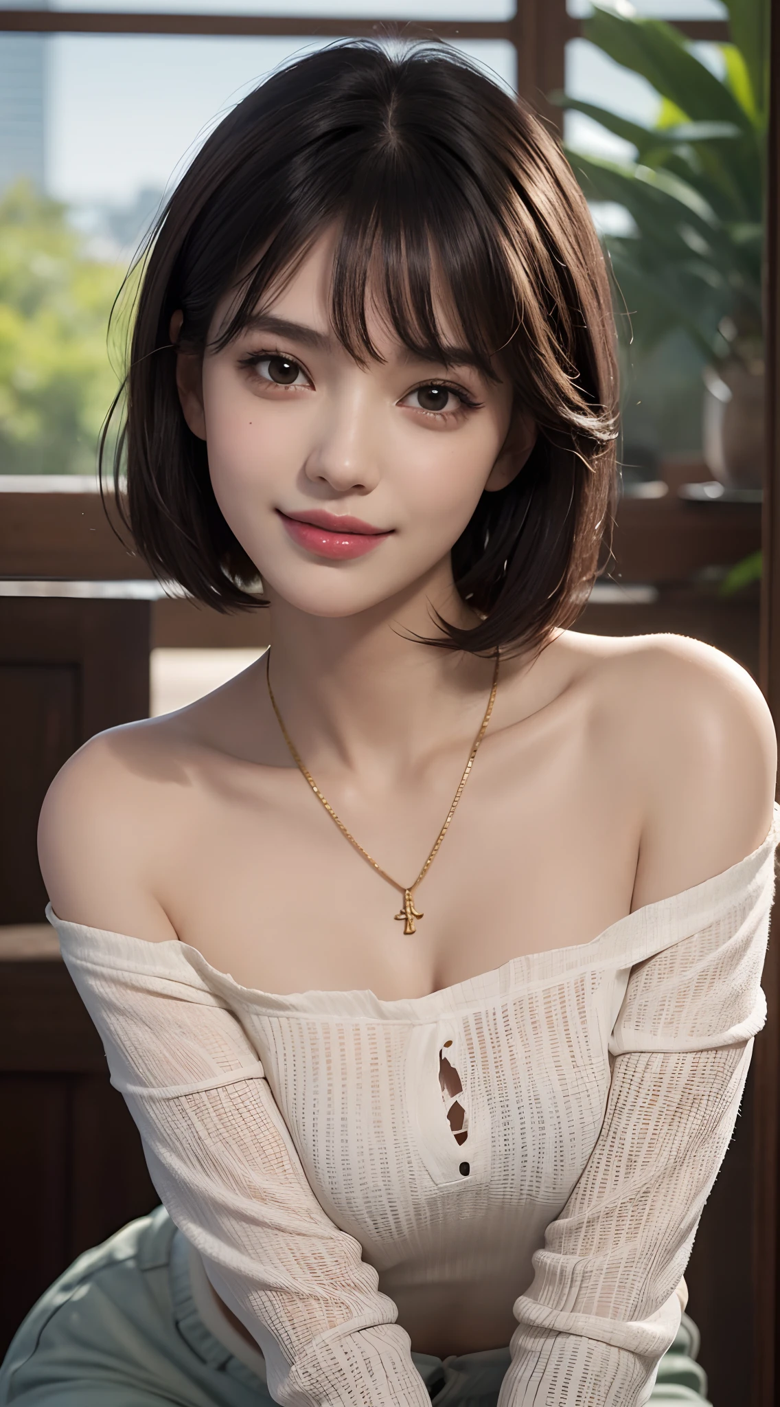 ((bestquality、8ｋ、A masterpie：1.3))、Crisp focus：1.2、Beautiful woman in perfect style：1.4、Slender abs：1.2、((Dark Brown Hair、Big Boobs：1.2))、(White button-up long shirt:1.1)、Street:1.2、highly detailed facial and skin textures、detailed eye、Double eyelidd、(bestquality、8ｋ、A masterpie:1.3)、Beautiful woman with perfect figure:1.4、dark brown hair、Big Boobs、Wearing a pendant、torn shorts、Sleeping in the bedroom、highly detailed face and skin、detailed eye、Double eyelidd、bestquality、A masterpie、(photorealistic:1.4)、１Man Woman、Golden ratio、high angle shot、Kamimei、low  angle shot、perfect faces、beautiful figure、pretty face、Close-up of face、Zoom in on face、short bob、shorthair、Smiling from different angles、smile face、luster、highlight、gloss、Lame on the skin、Lustrous for skin、Wet skin、wet、bangs、Smile cutely、bust、、、、off shoulder、Refreshing charm、Full of elegance、perfect hand、Smile from an angle、smile face、luster、highlight、Lustrous skin、bangs、bust、、、、Big Boobs、Off-shoulder in warm colors、Refreshing charm、Put your ears out、Gaze to the camera、Poses from different angles