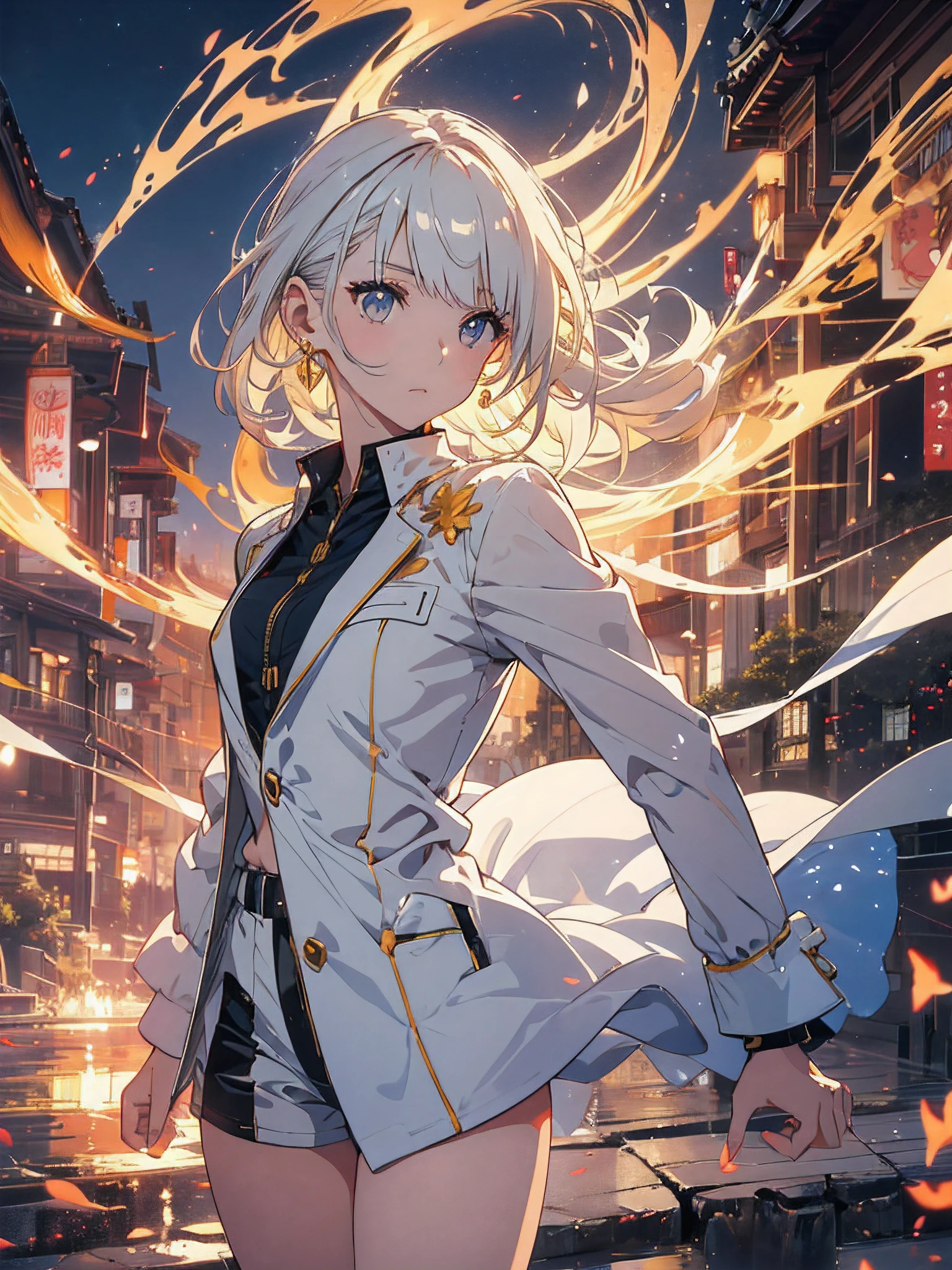 Girl with short white hair, yellow feline eyes, white jacket with small golden details, short white shirt, short white shorts, serious face, golden earrings, golden details in her clothes, extremely elegant, BREAK, torii sanctuary gate, hyper sky bluish, perfect clouds, wind movement, sakura petals, (ultra-realistic), {extremely detailed 8k CG unit wallpaper}, expansive landscape photography, (a panoramic view that prioritizes the character and elegance of the setting, wide open field view), (high angle photo), (high light: 1.4), (low light: 1.5), (warm light source: 1.5), complex details, (iridescent colors: 1, 7), (bright lighting), (atmospheric lighting), dreamy, elegant, magical, majestic, (solo: 1.2)