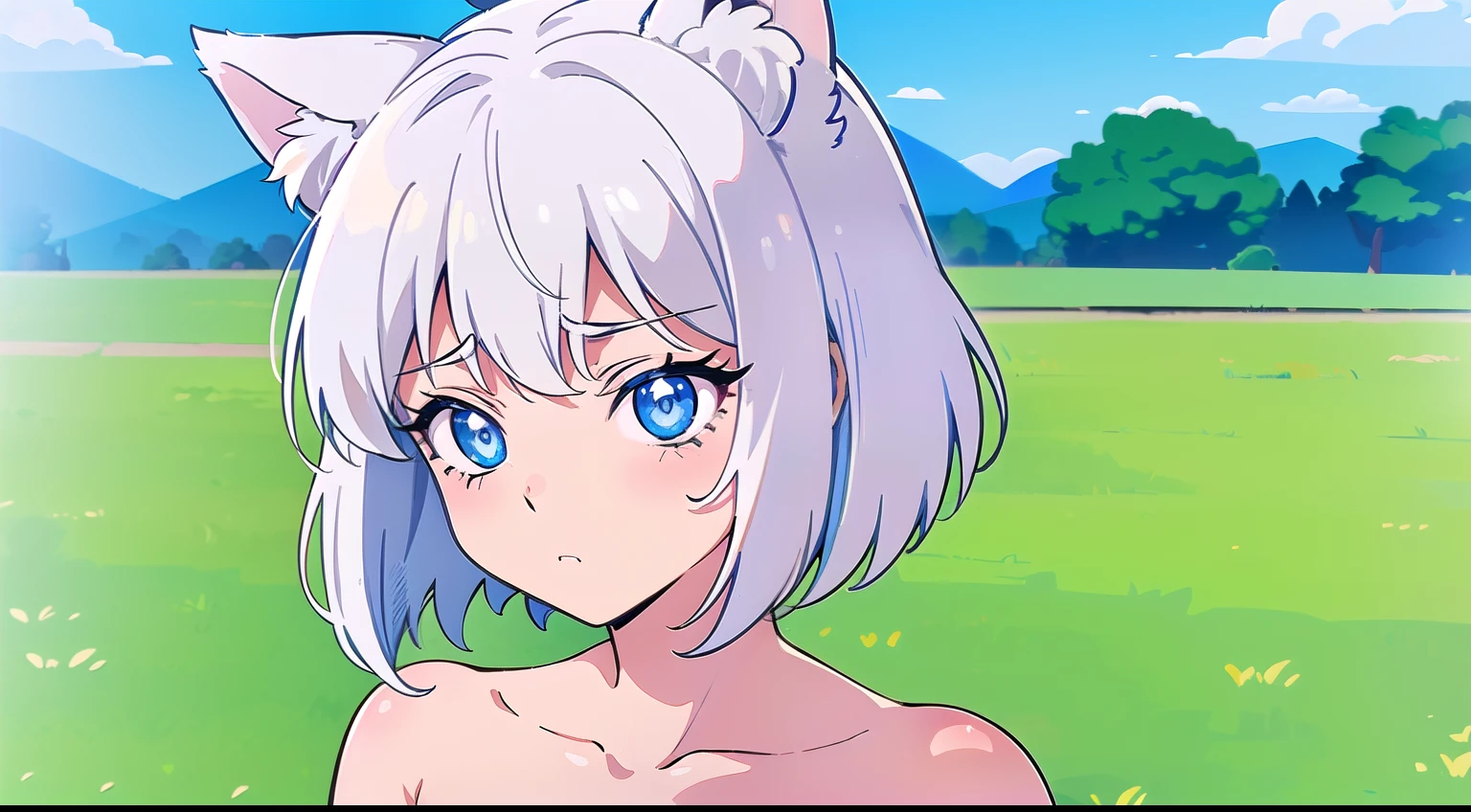 High quality, 1girl, ((((Candy Candy anime coloring)))), (wolf girl, wolf ears, wolf tail), animal ears, ((((short hair)))), ((silver white hair)), hair clip, ((hair tap eye)), ((blue eyes)), long eyeslashes, eyeliner, (((small breasts, nude, small snipples, pussy))), solo, ((standing)), ((worried, sad expression, melancholic, look blue eyes)), portrait, close-up, (field background, sky, clouds), face, closed_mouth, blush, anime_coloring, eyelashes, shiny, detailed shadows, detailded eyes, (((Manga style, Manga coloring))).