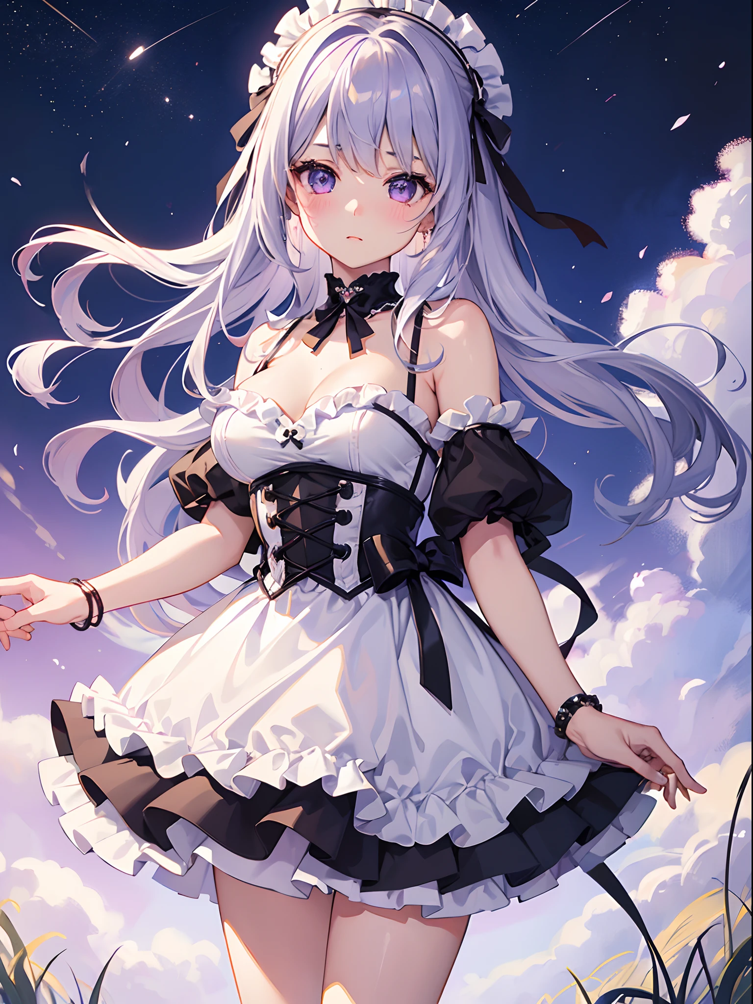 ((4K, master piece, Best Quality)), 1girl in, Silver medium hair, Light purple eyes, Cute, blush, medium breasts, frills skirt, at noon, Park