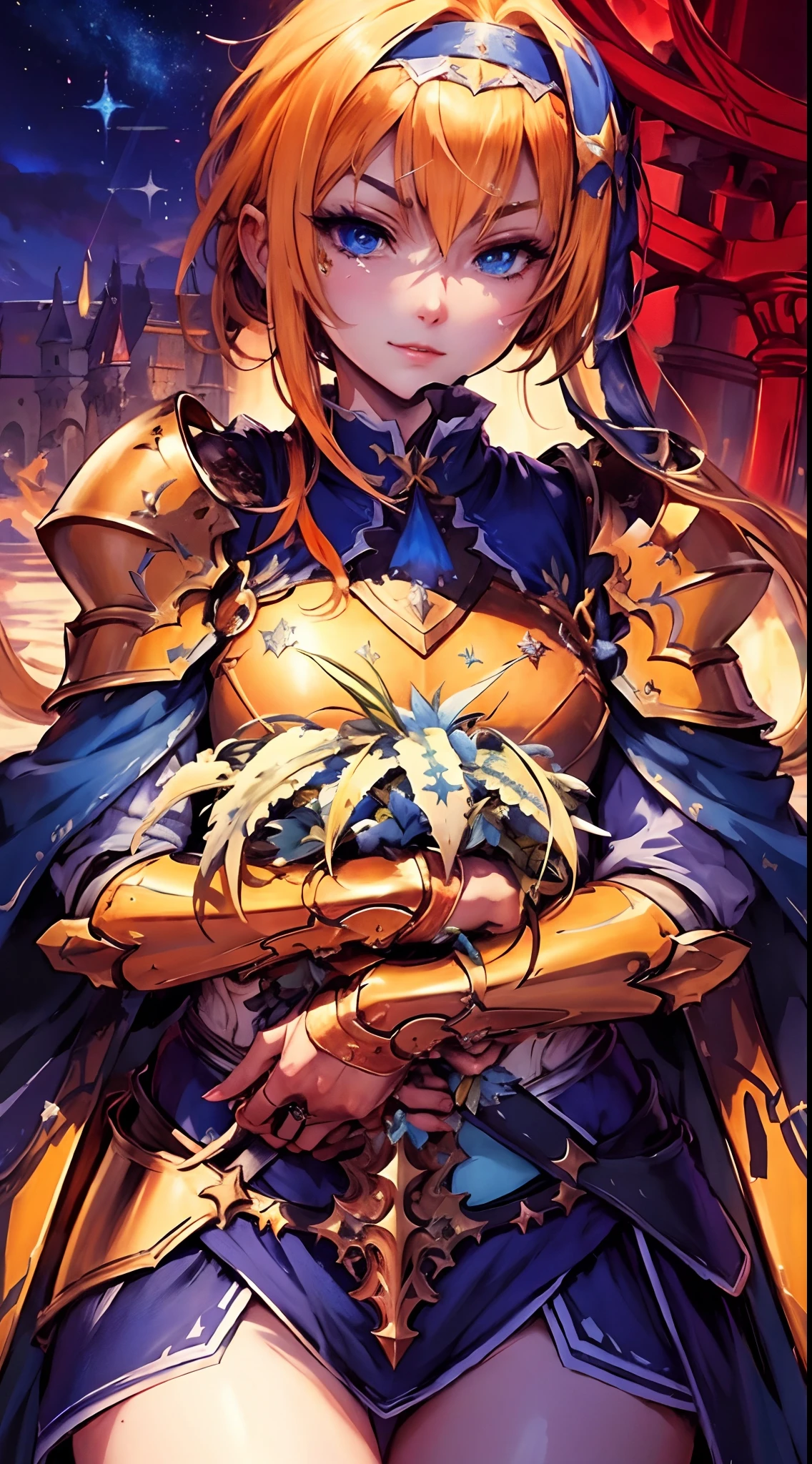 eine Frau in einem gelb-blauen Outfit, holding a sword, Granblue Fantasy, Schicksal/Null, Schicksal / stay night, Kleriker, Schicksal Null, Fate Grand Order, Fire Emblem, Schicksal, bleib Nacht, beautiful image, paladin, Alice X. Zhang, Ritter, Sacred Armor, Final Fantasy Taktiken, Drachenkrone, Heiliger Paladin, detailed key anime art
