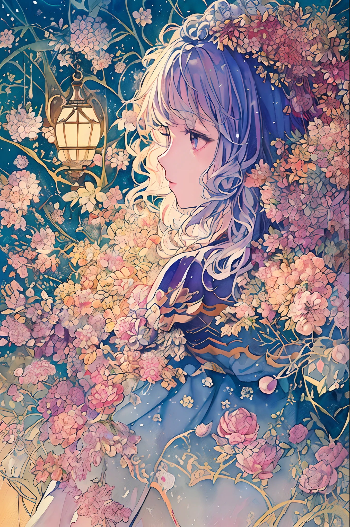 (masterpiece、top-quality、top-quality、watercolor paiting(Curly)、Official art、Beautifully Aesthetic:1.2)、(1girl in:1.3)、(Fractal Art:1.3)、(Kimono)、((The upper part of the body))、profile、Flowers and Birds Fugetsu、Sateen、Powder snow、illusion、Thousand Cranes、clouds、lantern、starrysky、stele、