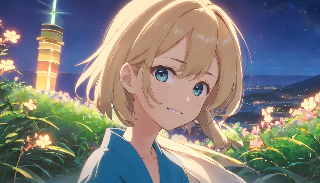 Best quality at best，tmasterpiece，The is very detailed，Face details，8K, detailed back ground，1girll，独奏，Blonde hair，eBlue eyes，，long whitr hair，wavey hair，voluminous hair，，，Blushlush，ssmile，Shawl，Chinese city，Chinese service，the night，themoon，scenecy，high place，horizon，ventania，wind blown，flowerbed，looking at viewert