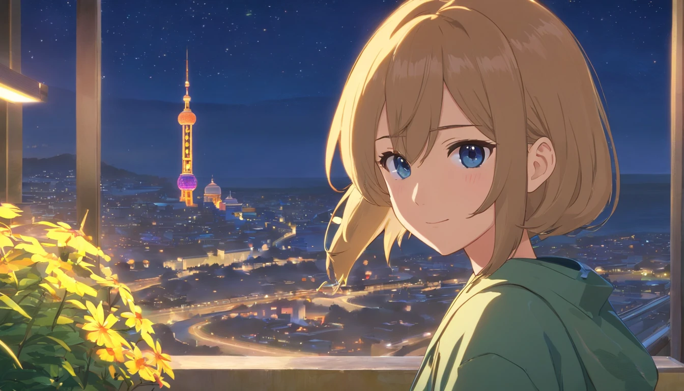 Best quality at best,tmasterpiece,The is very detailed,Face details,8K, detailed back ground,1girll,独奏,Blonde hair,eBlue eyes,,long whitr hair,wavey hair,voluminous hair,,,Blushlush,ssmile,Shawl,Chinese city,Chinese service,the night,themoon,scenecy,high place,horizon,ventania,wind blown,flowerbed,looking at viewert