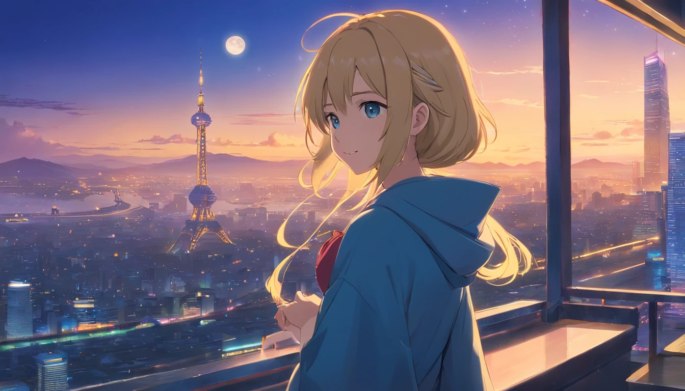 Best quality at best,tmasterpiece,The is very detailed,Face details,8K, detailed back ground,1girll,独奏,Blonde hair,eBlue eyes,,long whitr hair,wavey hair,voluminous hair,,,Blushlush,ssmile,Shawl,Chinese city,Chinese service,the night,themoon,scenecy,high place,horizon,ventania,wind blown,flowerbed,looking at viewert
