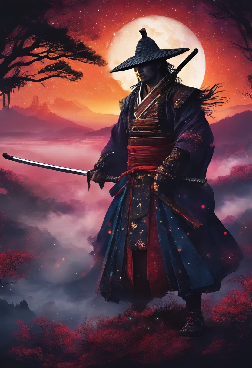 The samurai holds a katana, Starry skies and mist shroud the landscape.