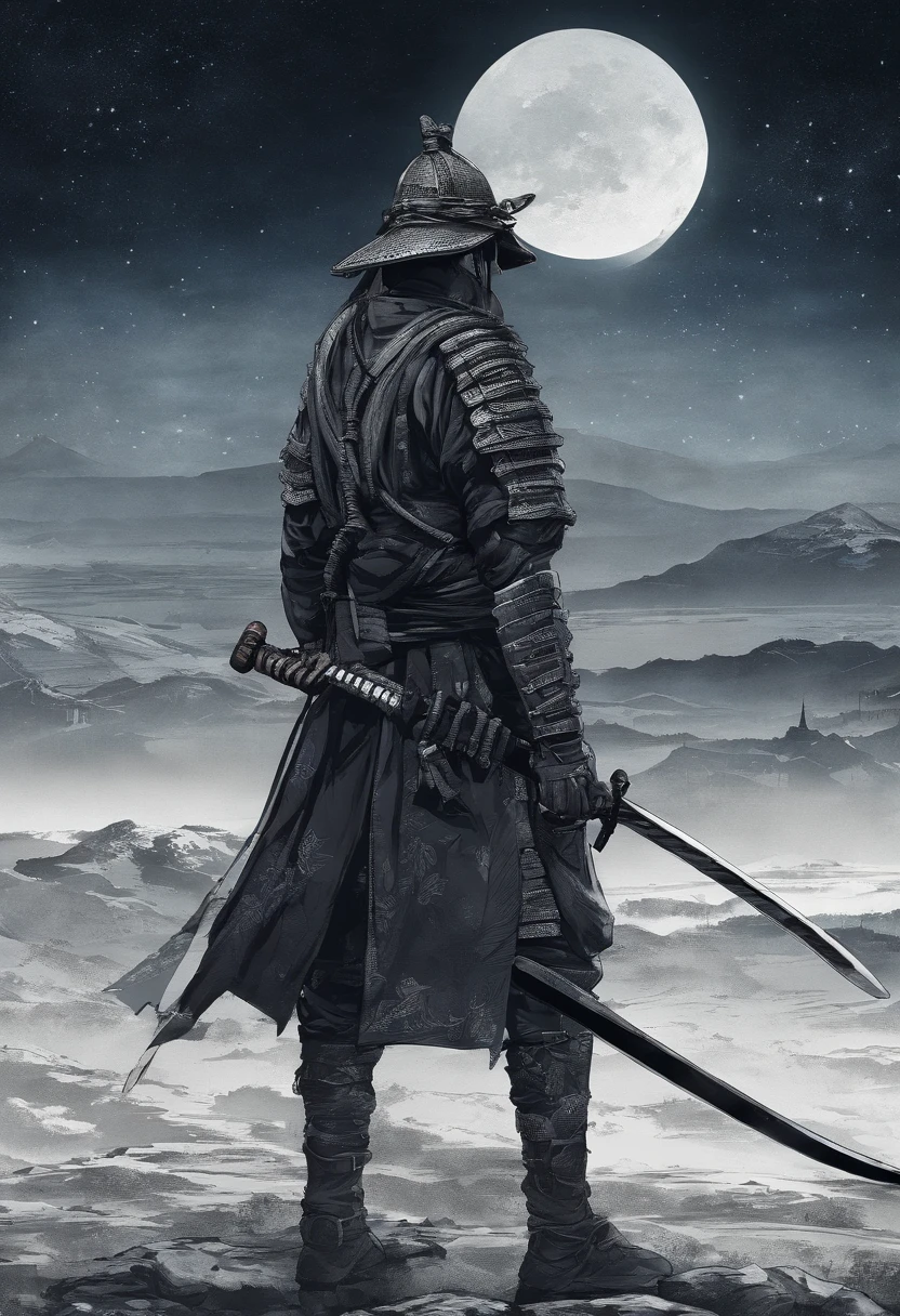 The samurai holds a katana, Starry skies and mist shroud the landscape.