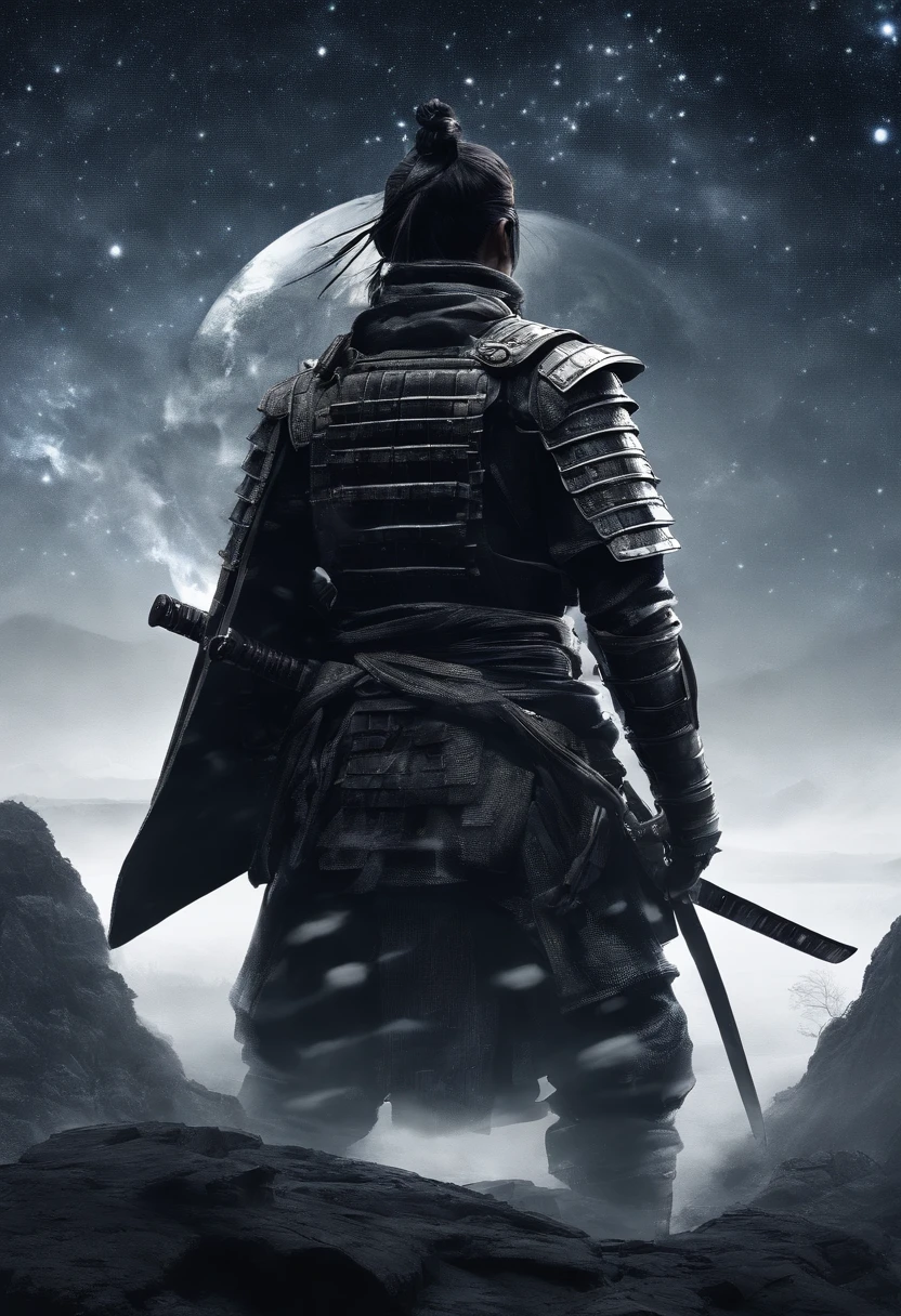 The samurai holds a katana, Starry skies and mist shroud the landscape.