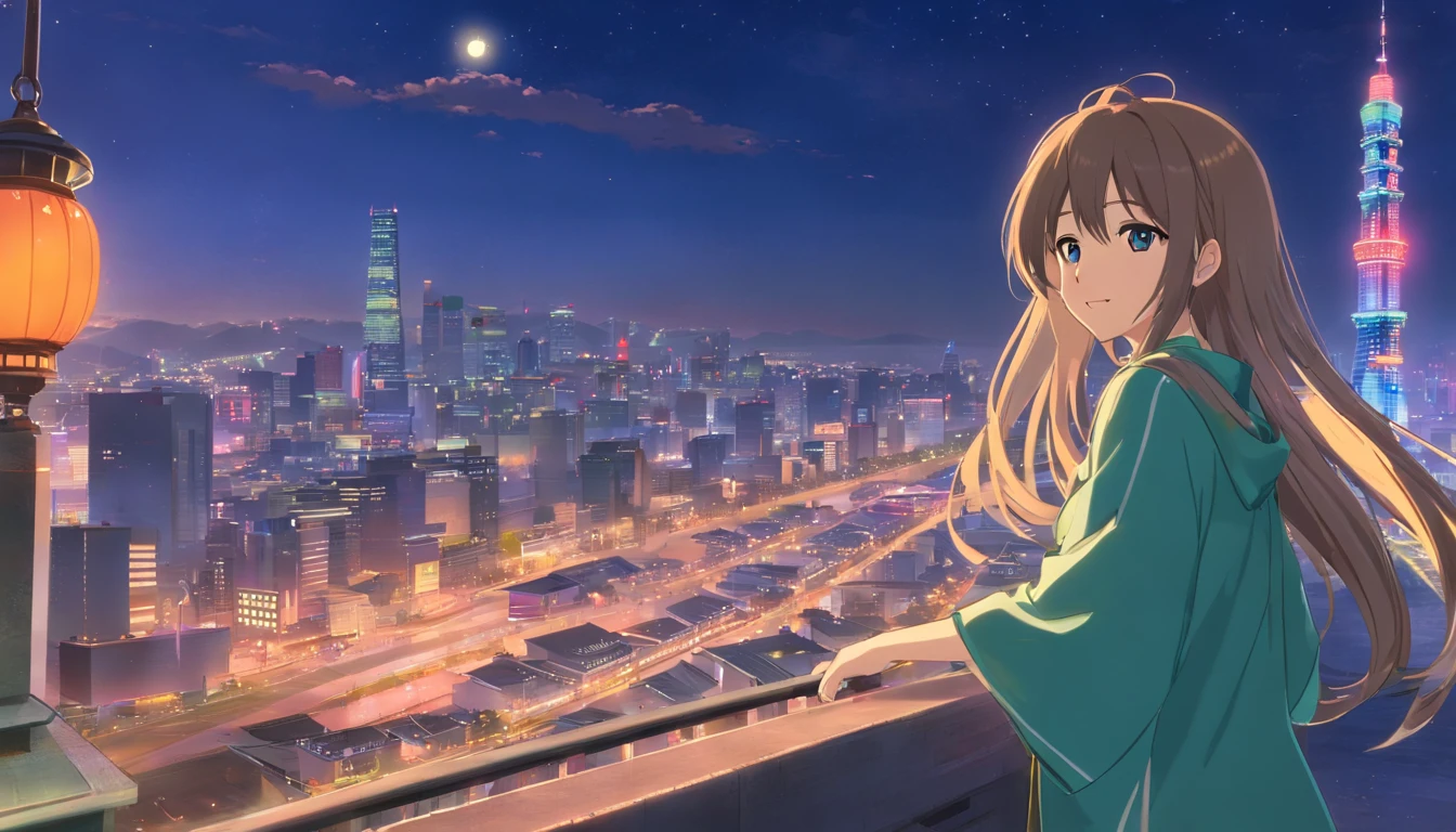 Best quality at best,tmasterpiece,The is very detailed,Face details,8K, detailed back ground,1girll,独奏,Silver hair,eBlue eyes,,long whitr hair,wavey hair,voluminous hair,,,Blushlush,ssmile,Shawl,Chinese city,Chinese service,the night,themoon,scenecy,high place,horizon,ventania,wind blown,flowerbed,looking at viewert