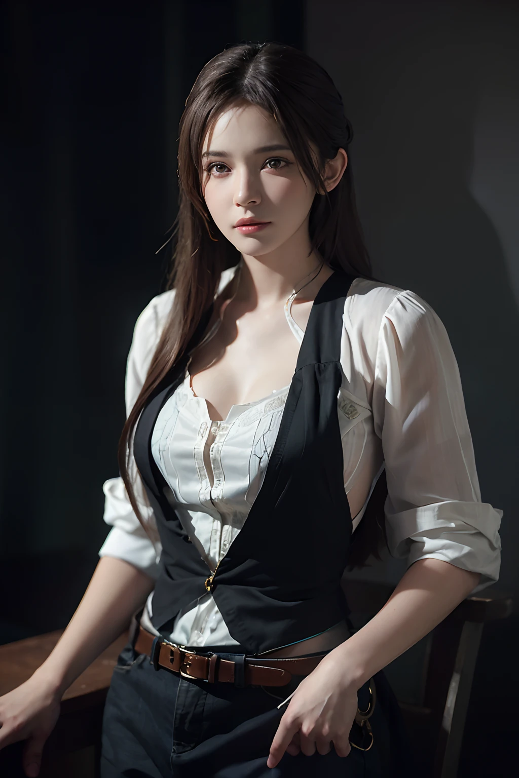 Hyperrealist portrait of female by david hockney and alphonse mucha,fantasy art, photo realistic, dynamic lighting, artstation, poster, volumetric lighting, very detailed faces, 4 k, award winning,, 1girl, in the dark, deep shadow, low key,cowboy shot,(official clothing:1.4) ,long hair,white hair,