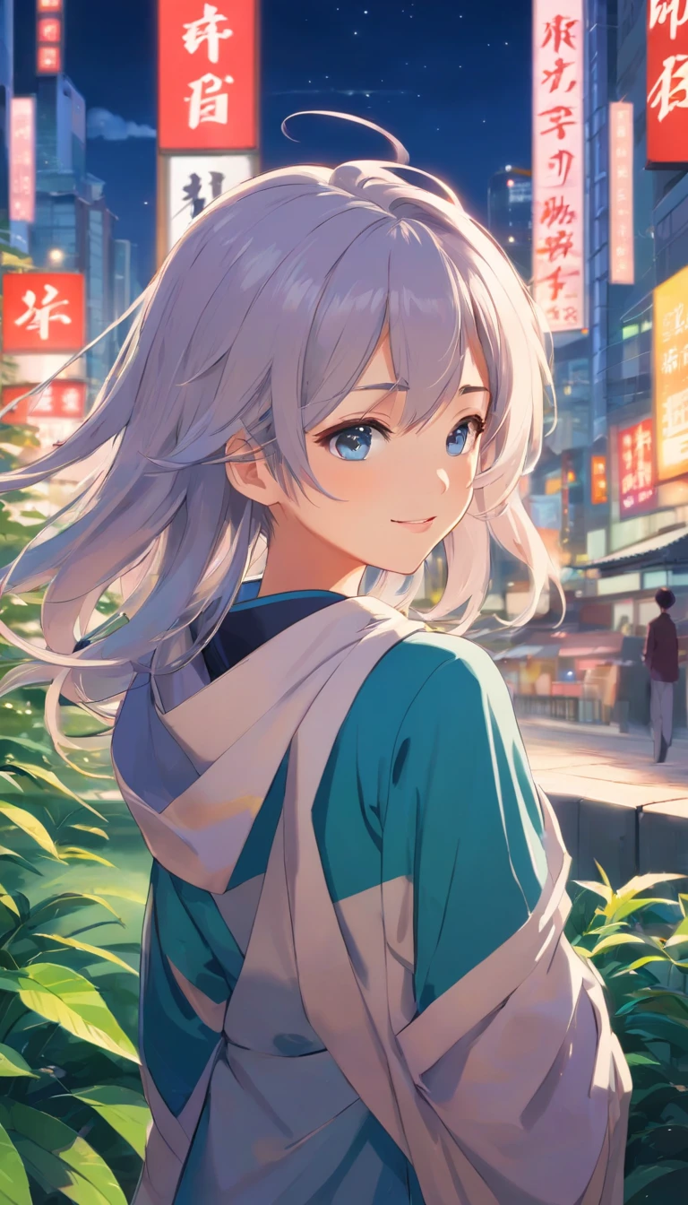 Best quality at best，tmasterpiece，The is very detailed，Face details，8K, detailed back ground，1girll，独奏，Silver hair，eBlue eyes，，long whitr hair，wavey hair，voluminous hair，，，Blushlush，ssmile，Shawl，Chinese city，Chinese service，the night，themoon，scenecy，high place，horizon，ventania，wind blown，flowerbed，looking at viewert