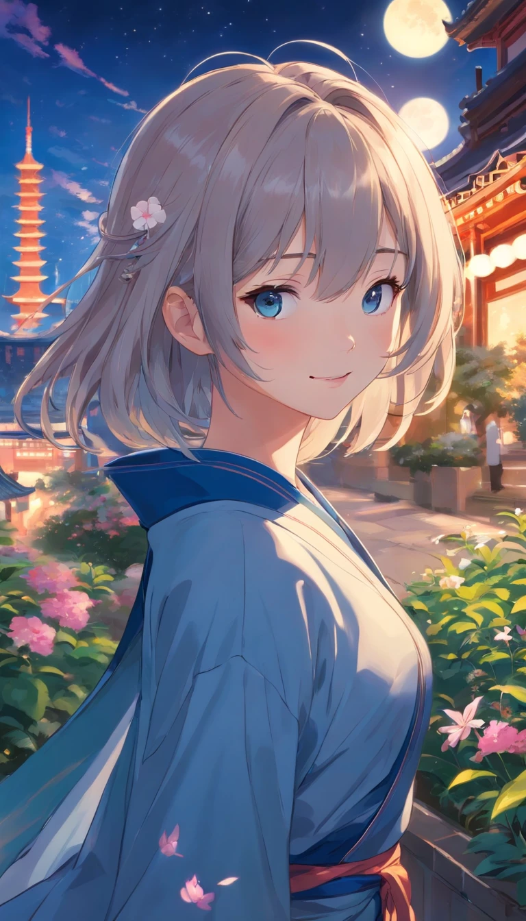 Best quality at best,tmasterpiece,The is very detailed,Face details,8K, detailed back ground,1girll,独奏,Silver hair,eBlue eyes,,long whitr hair,wavey hair,voluminous hair,,,Blushlush,ssmile,Shawl,Chinese city,Chinese service,the night,themoon,scenecy,high place,horizon,ventania,wind blown,flowerbed,looking at viewert