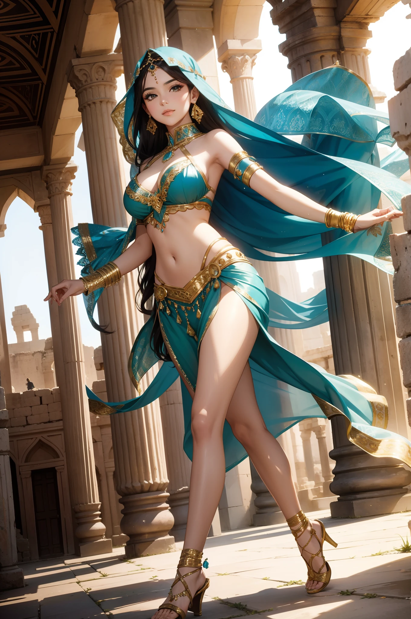 ((masterpiece, best quality, ultra-detailed, ultra-HD, photorealistic, cinematic)), ((alluring female Egyptian Princess)), (surrealism), (medium shot, from below:1.5), perfect body, sexy body, perfect face, perfect hands, delicate face, (bursting breasts), long round legs, (wide hips), (long ebony hair styled in intricate braids, hair cascading down her back, adorned with gold lotus blossom hairpieces:1.4), (ankle-length azure silk gown, gold hieroglyphic embroidery along the hem and neckline, figure-hugging silhouette with wide flowing sleeves, gold cuffs on sleeves with elegant draping:1.4), (ornate collar necklace with lapis lazuli and turquoise stones), (sensual pose), (gradient background:1.3), soft hazel eyes, detailed pupils, deep red lips, blushing, slightly parted lips