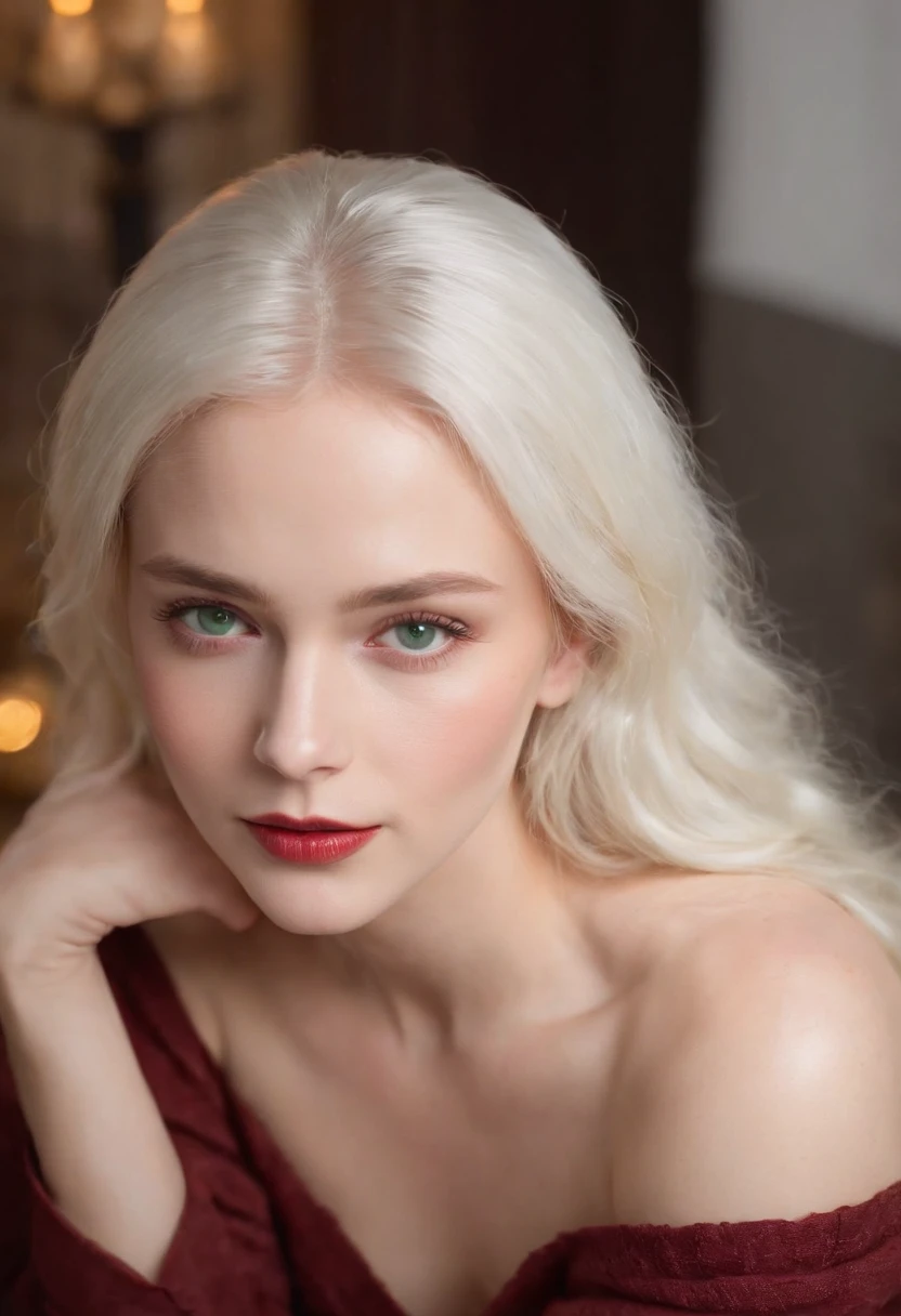 (((a deep reddish wound crosses her left cheek))) fair complexion, woman around 19 years old, natural white hair, distinctive green eyes, wearing kohl, slender and graceful, beautiful, candlelight 28 year old German girl with long hair, blue eyes, super model body like Claudia Shiffer who is sitting on a sofa in the lobby of a luxury German massage center in Berlin